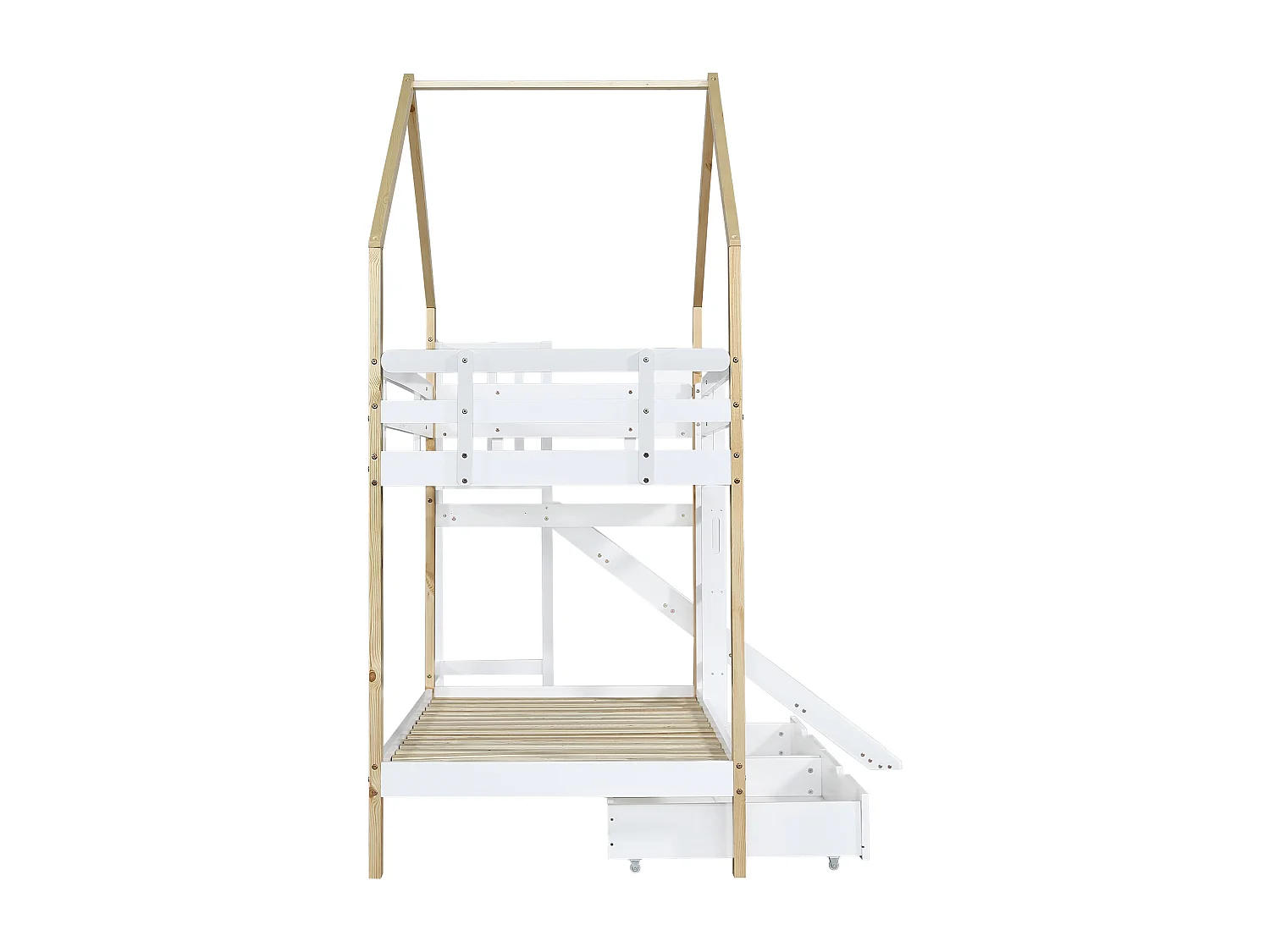 Lit superposé Enfants 90x200 cm avec Toboggan , avec Protection antichute, Blanc + Naturel