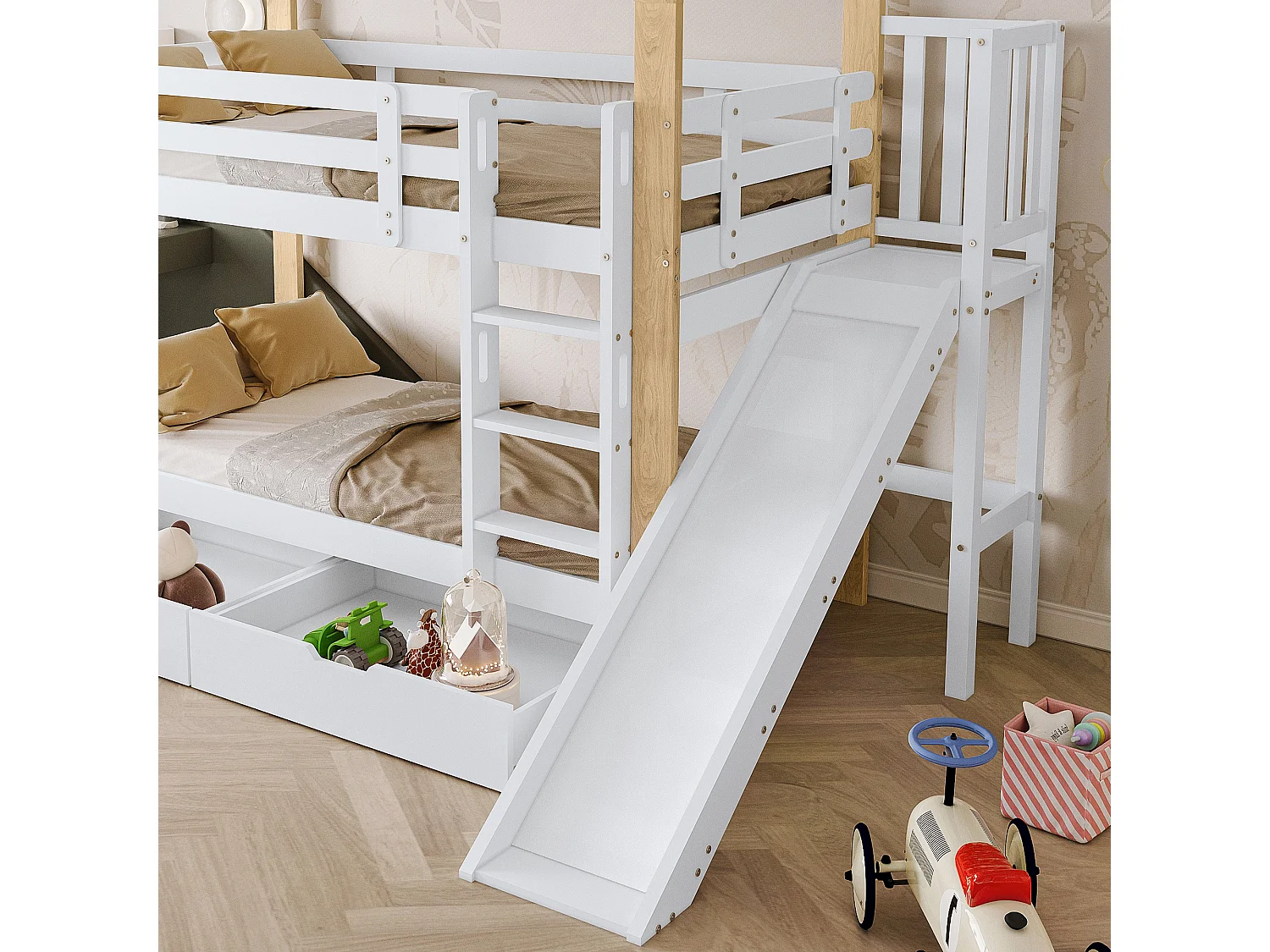 Lit superposé Enfants 90x200 cm avec Toboggan , avec Protection antichute, Blanc + Naturel