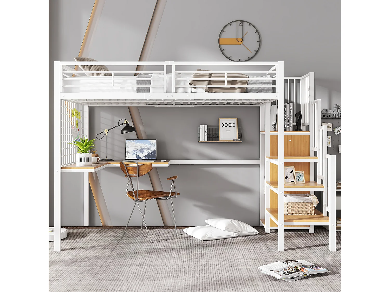 Lit mezzanine, 90 x 200 cm, avec bureau et escalier, échelle de sécurité et armoire ouverte, Blanc