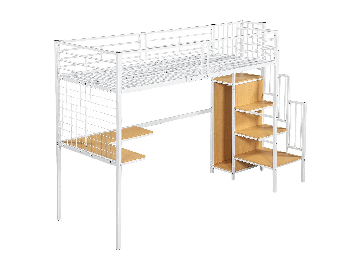 Lit mezzanine, 90 x 200 cm, avec bureau et escalier, échelle de sécurité et armoire ouverte, Blanc