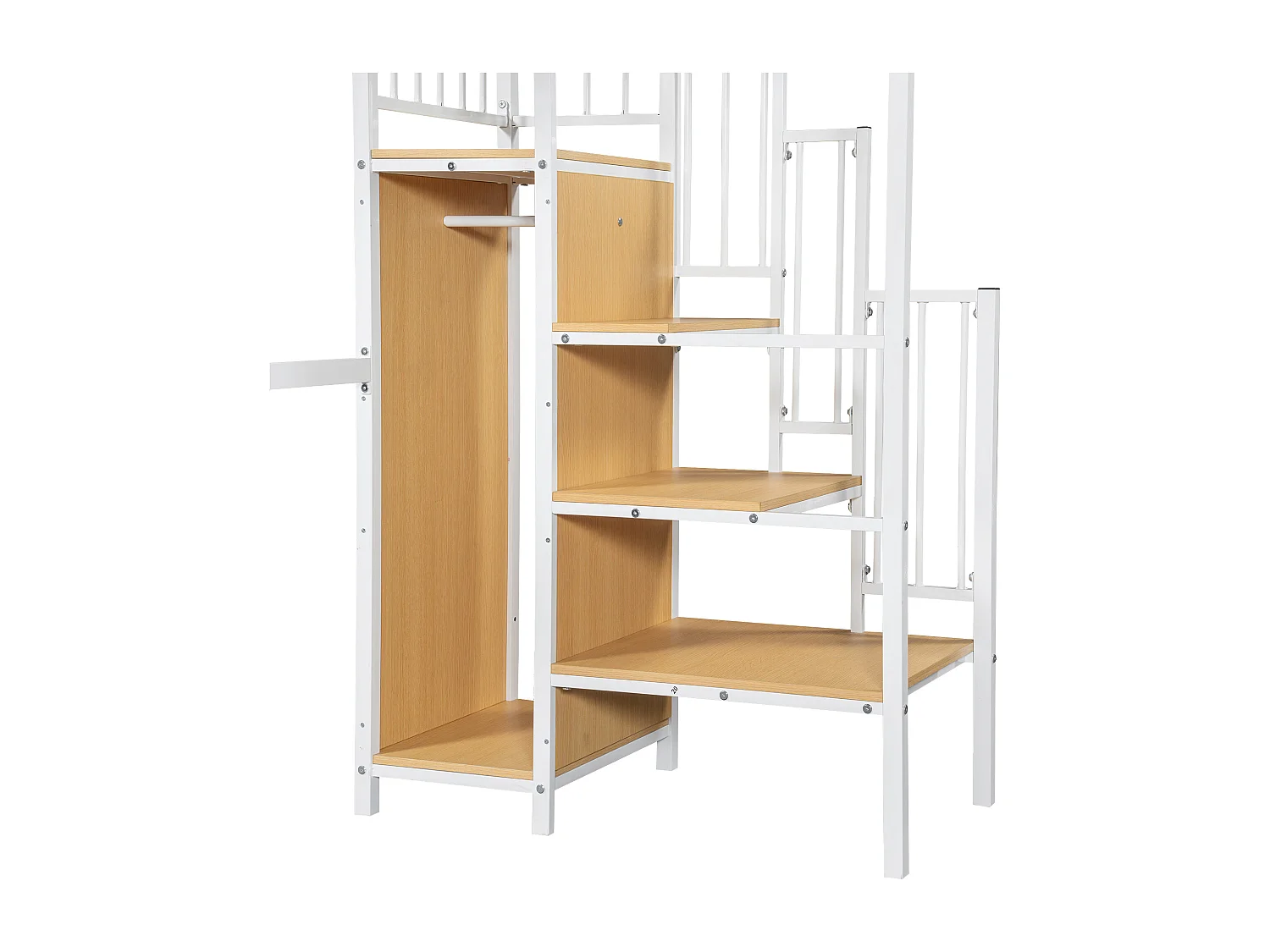 Lit mezzanine, 90 x 200 cm, avec bureau et escalier, échelle de sécurité et armoire ouverte, Blanc