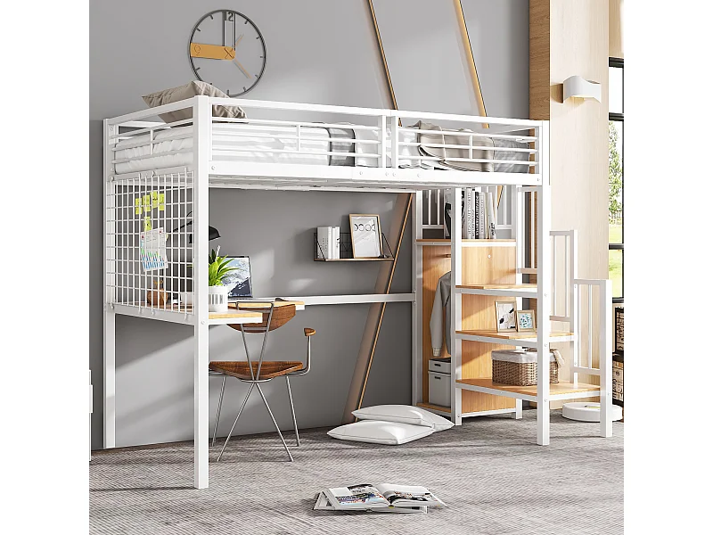 Lit mezzanine, 90 x 200 cm, avec bureau et escalier, échelle de sécurité et armoire ouverte, Blanc