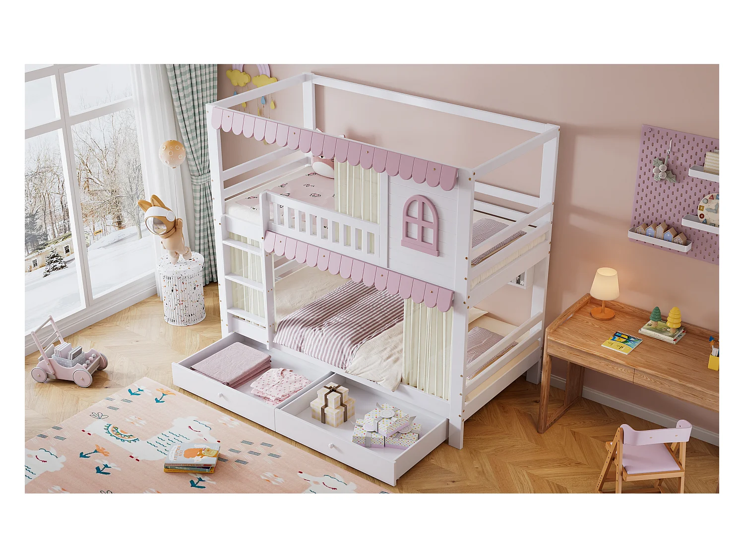 Beliche infantil de madeira com janela, gavetas com rodas, 90 x 200 cm, branco + rosa