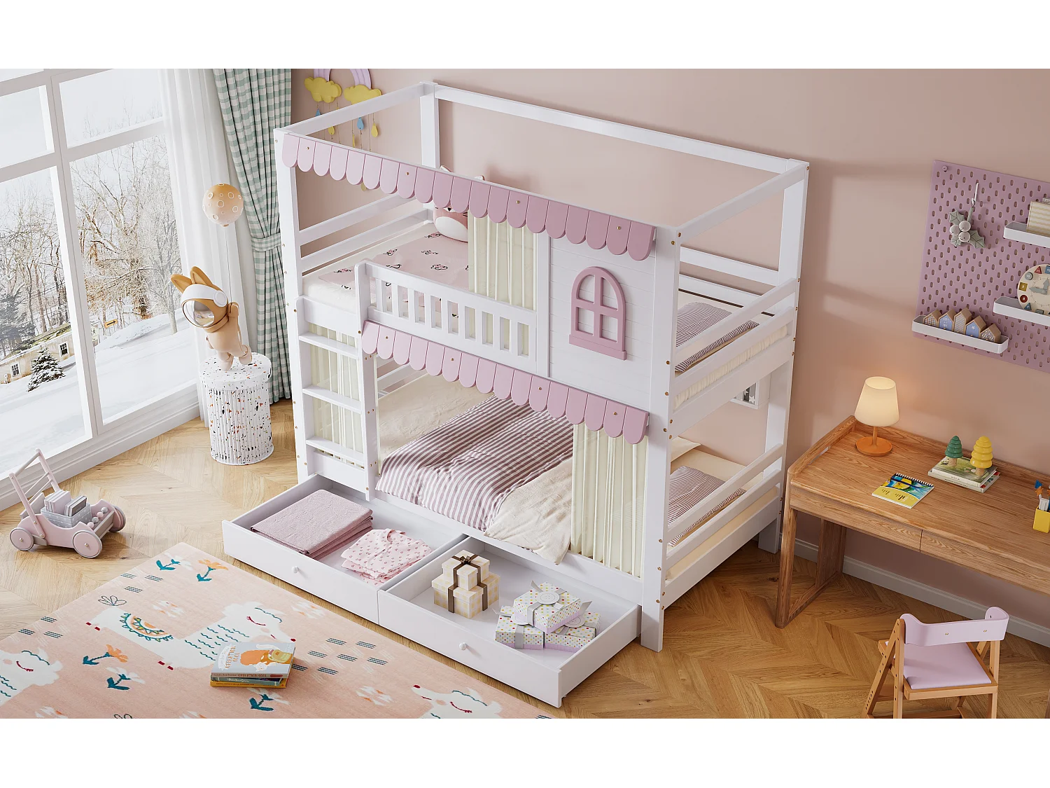 Lit superposé pour enfant en bois avec fenêtre, tiroirs avec roulettes, 90 x 200 cm, blanc + rose
