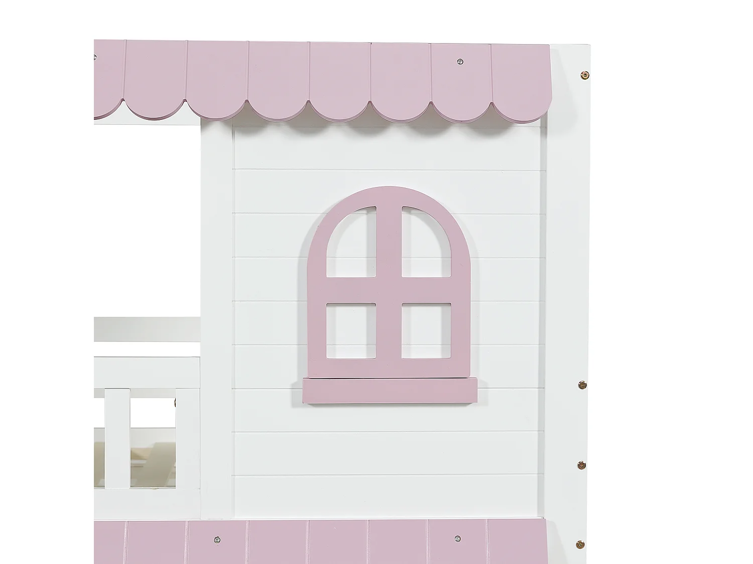 Lit superposé pour enfant en bois avec fenêtre, tiroirs avec roulettes, 90 x 200 cm, blanc + rose