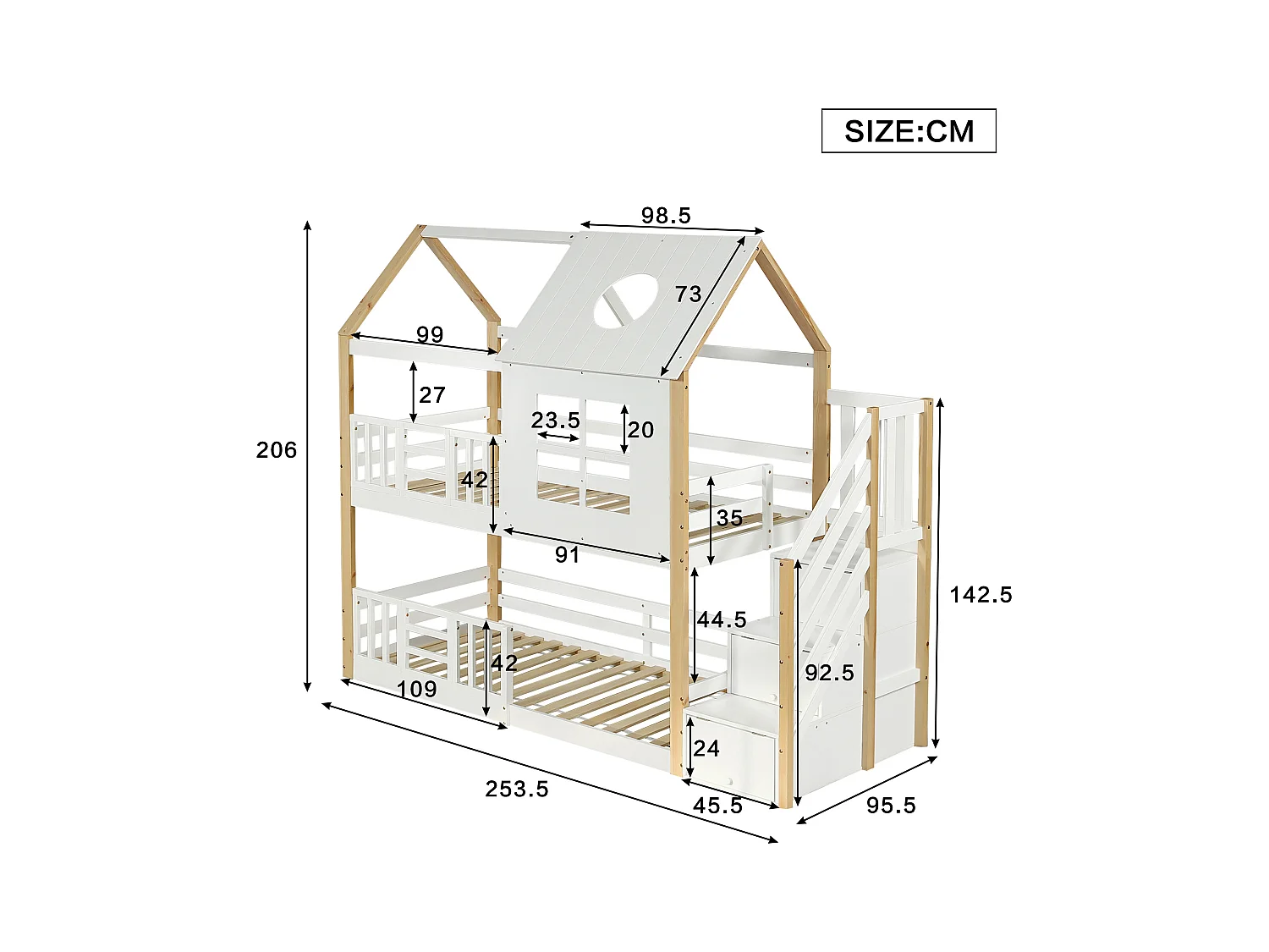 90x200cm Lit superposé avec échelle de Rangement, lit d'enfant avec barreaux Anti-Chute, Blanc