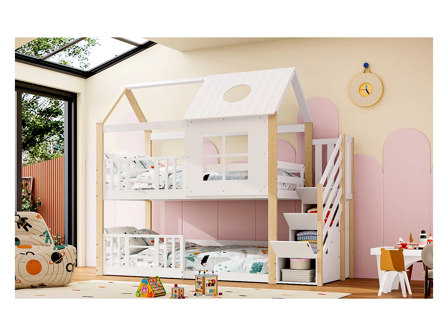 90x200cm Lit superposé avec échelle de Rangement, lit d'enfant avec barreaux Anti-Chute, Blanc