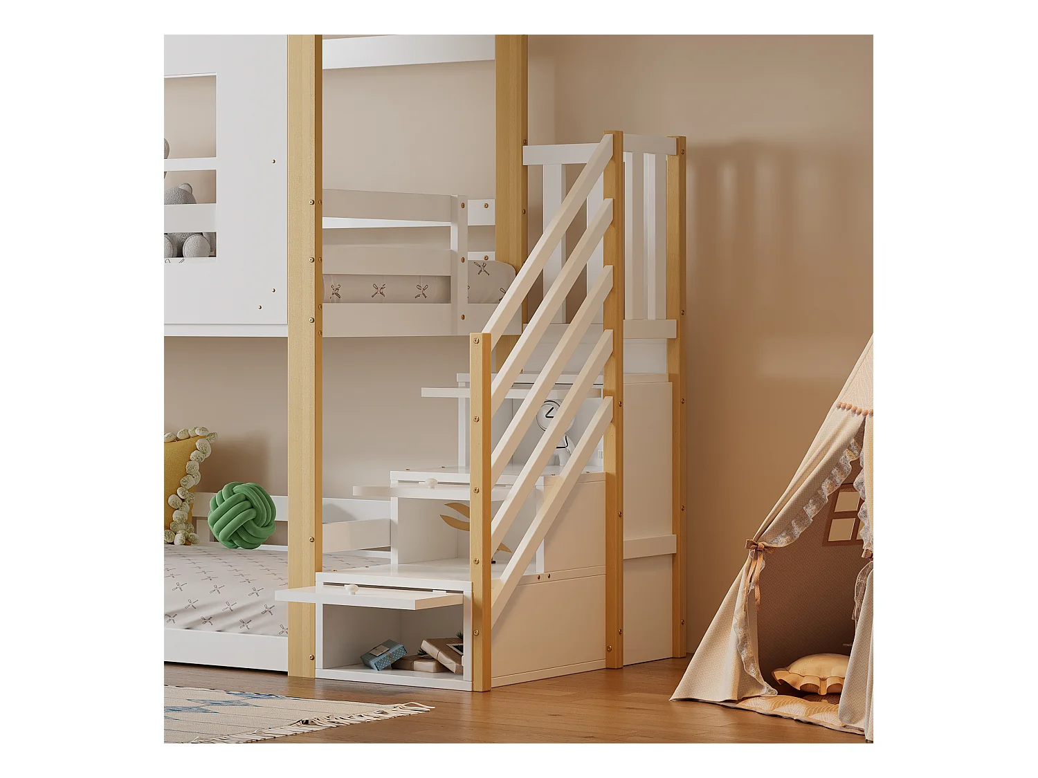 90x200cm Lit superposé avec échelle de Rangement, lit d'enfant avec barreaux Anti-Chute, Blanc