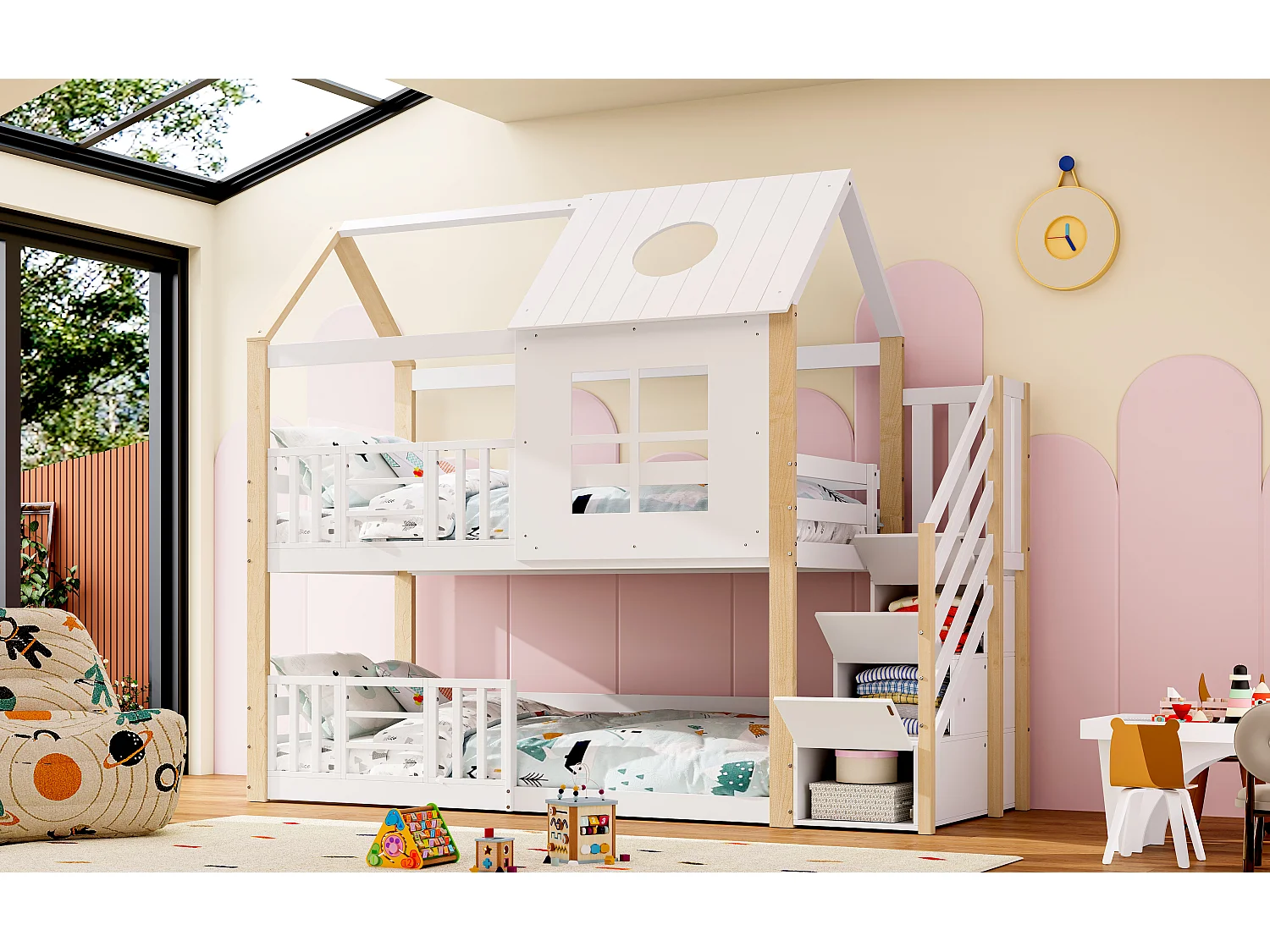 90x200cm Lit superposé avec échelle de Rangement, lit d'enfant avec barreaux Anti-Chute, Blanc