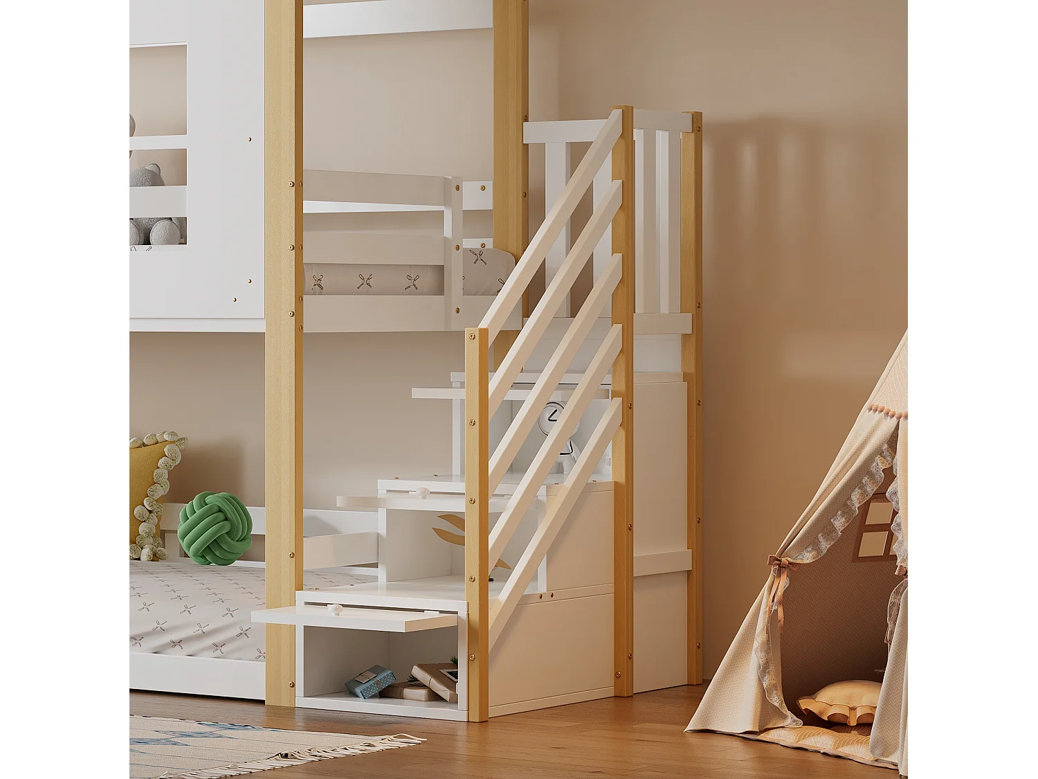 90x200cm Lit superposé avec échelle de Rangement, lit d'enfant avec barreaux Anti-Chute, Blanc