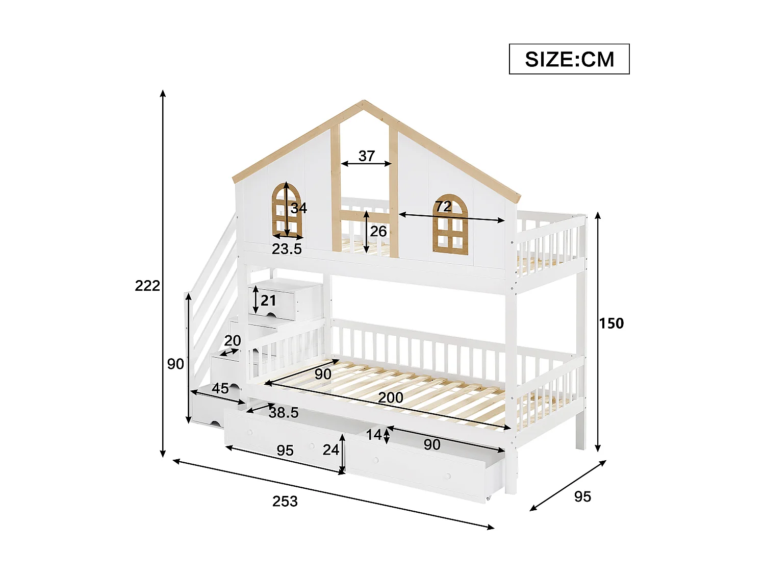 Stapelbed 90 x 200 cm, met raam, 2 lades, schuine ladder, grenen + MDF, wit