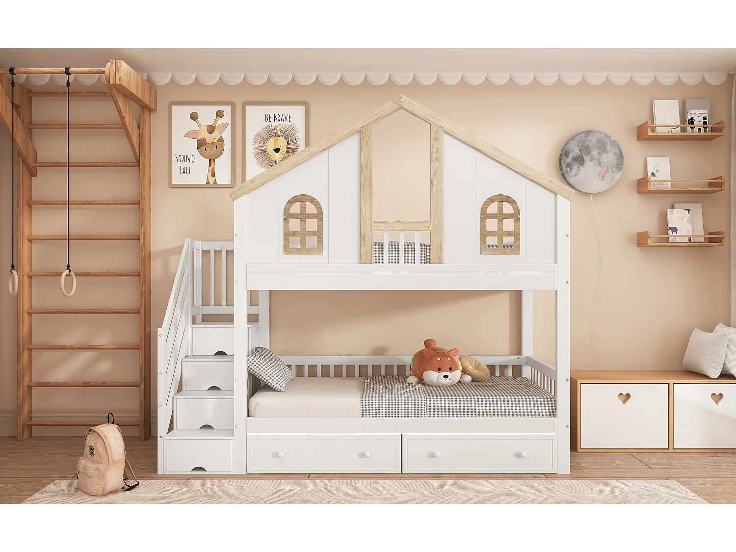 Stapelbed 90 x 200 cm, met raam, 2 lades, schuine ladder, grenen + MDF, wit