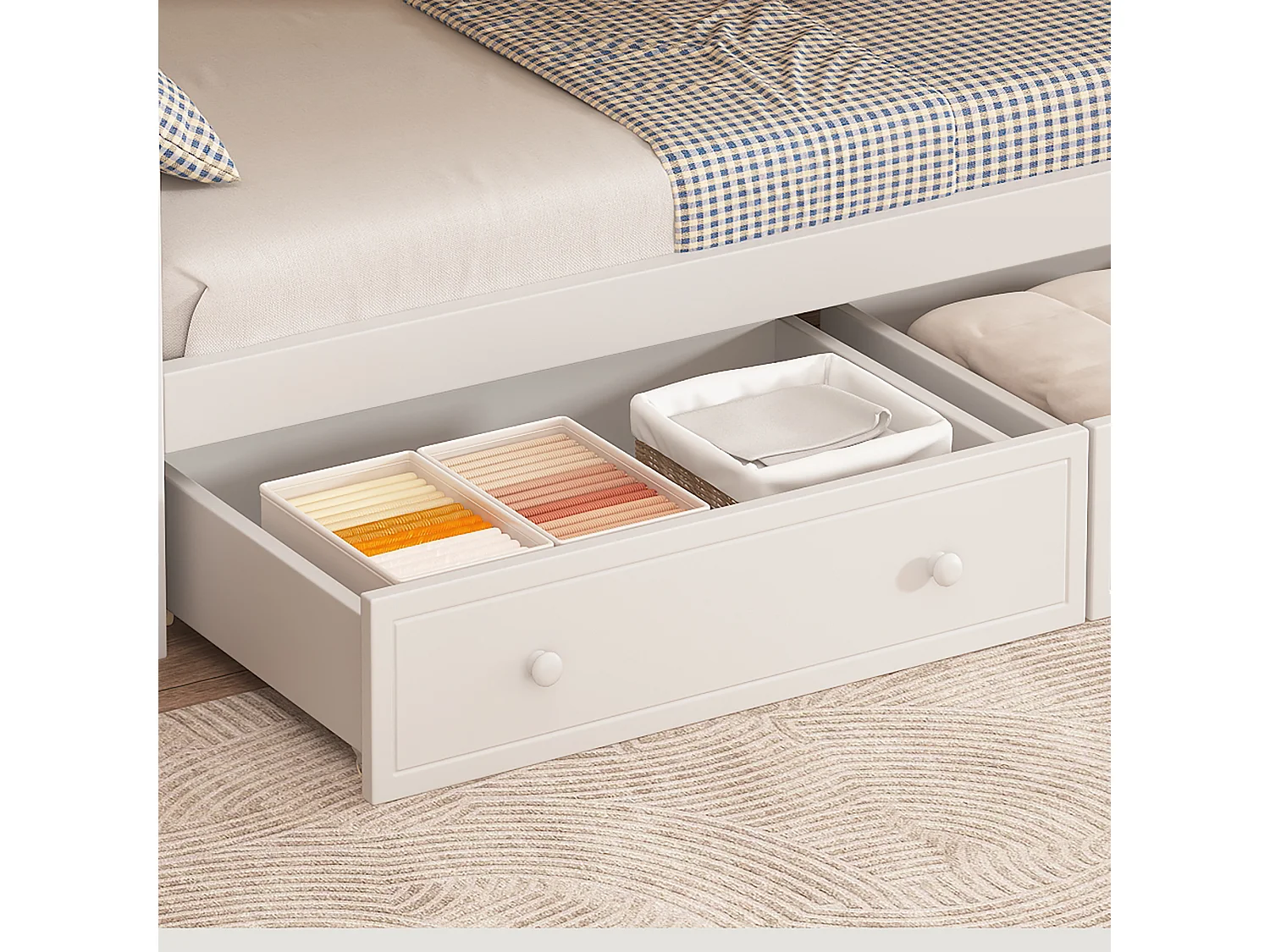 Letto a castello 90 x 200 cm, con finestra, 2 cassetti, scala inclinata, pino + MDF, bianco