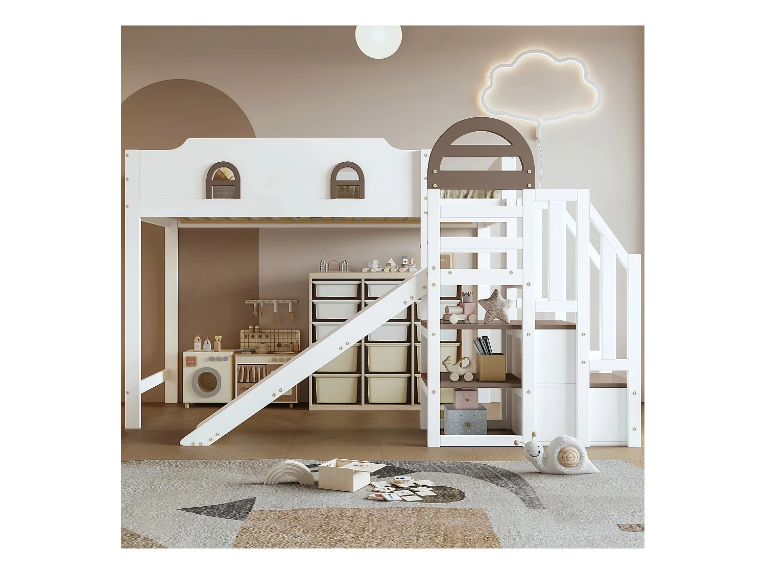 Lit superposé avec fenêtre, toboggan, avec 2 casiers dans l'escalier, blanc + marron, 90 x 200 cm