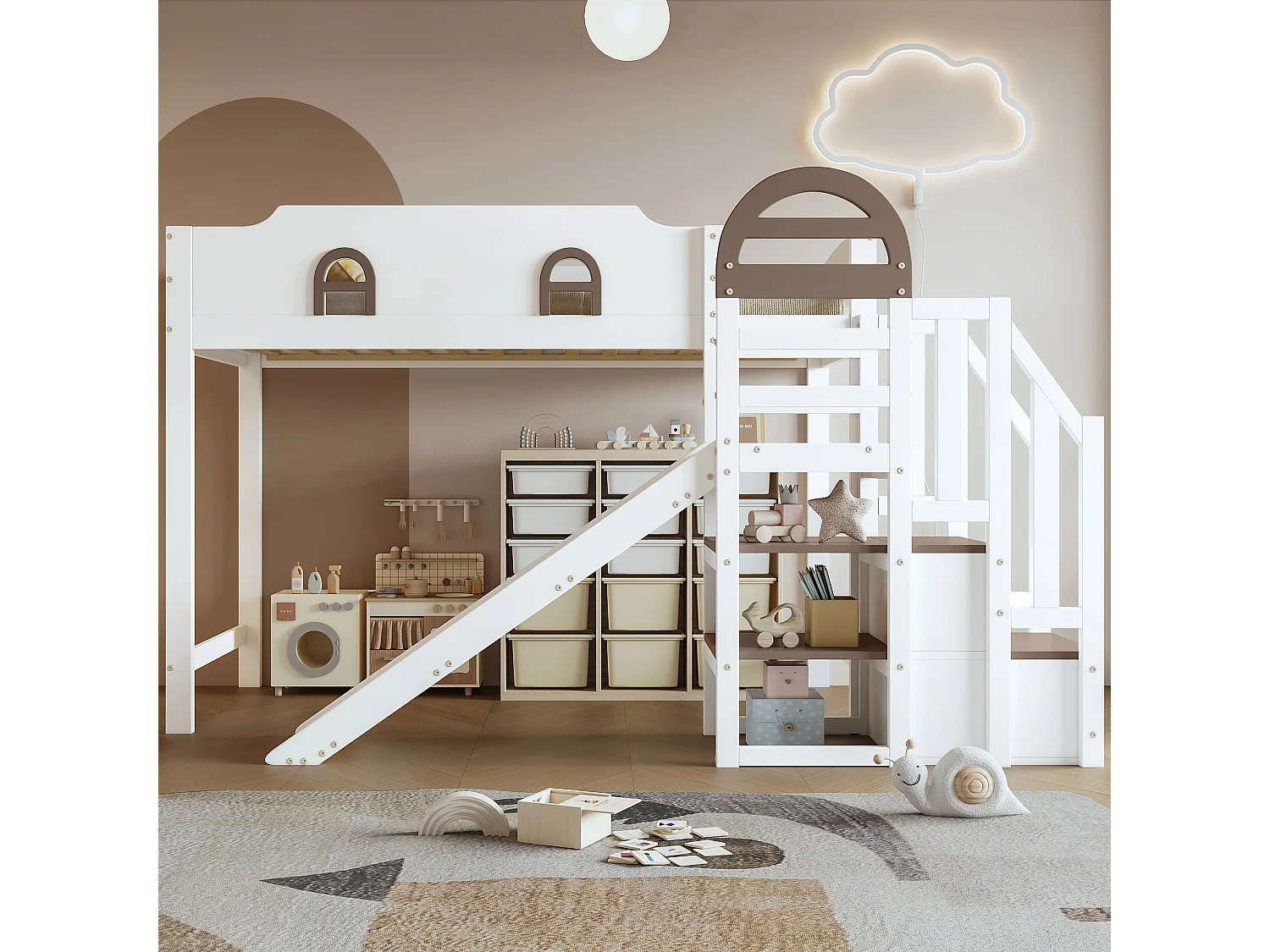 Lit superposé avec fenêtre, toboggan, avec 2 casiers dans l'escalier, blanc + marron, 90 x 200 cm