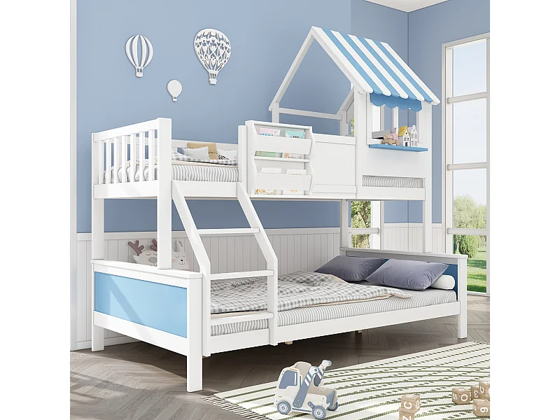 Litera infantil con espacio de almacenaje, diseño de grafiti y escalera, 90/120 x 200 cm, color blanco