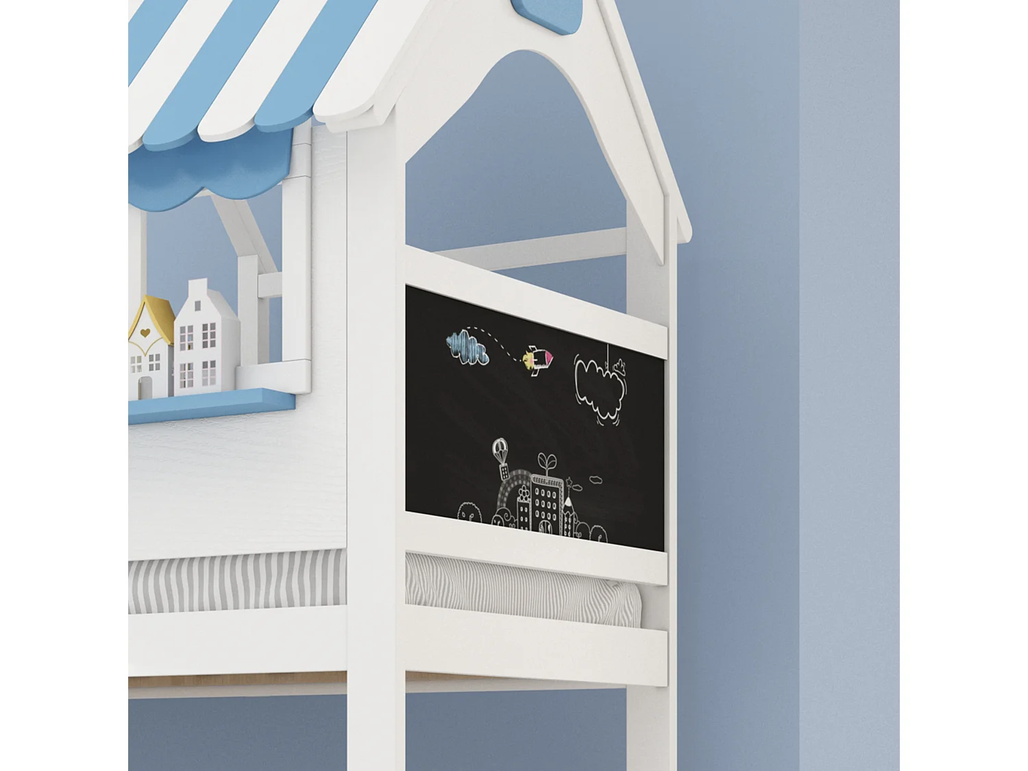 Letto a castello per bambini con spazio contenitore, dipinto graffiti, scala, 90/120 x 200 cm, bianco