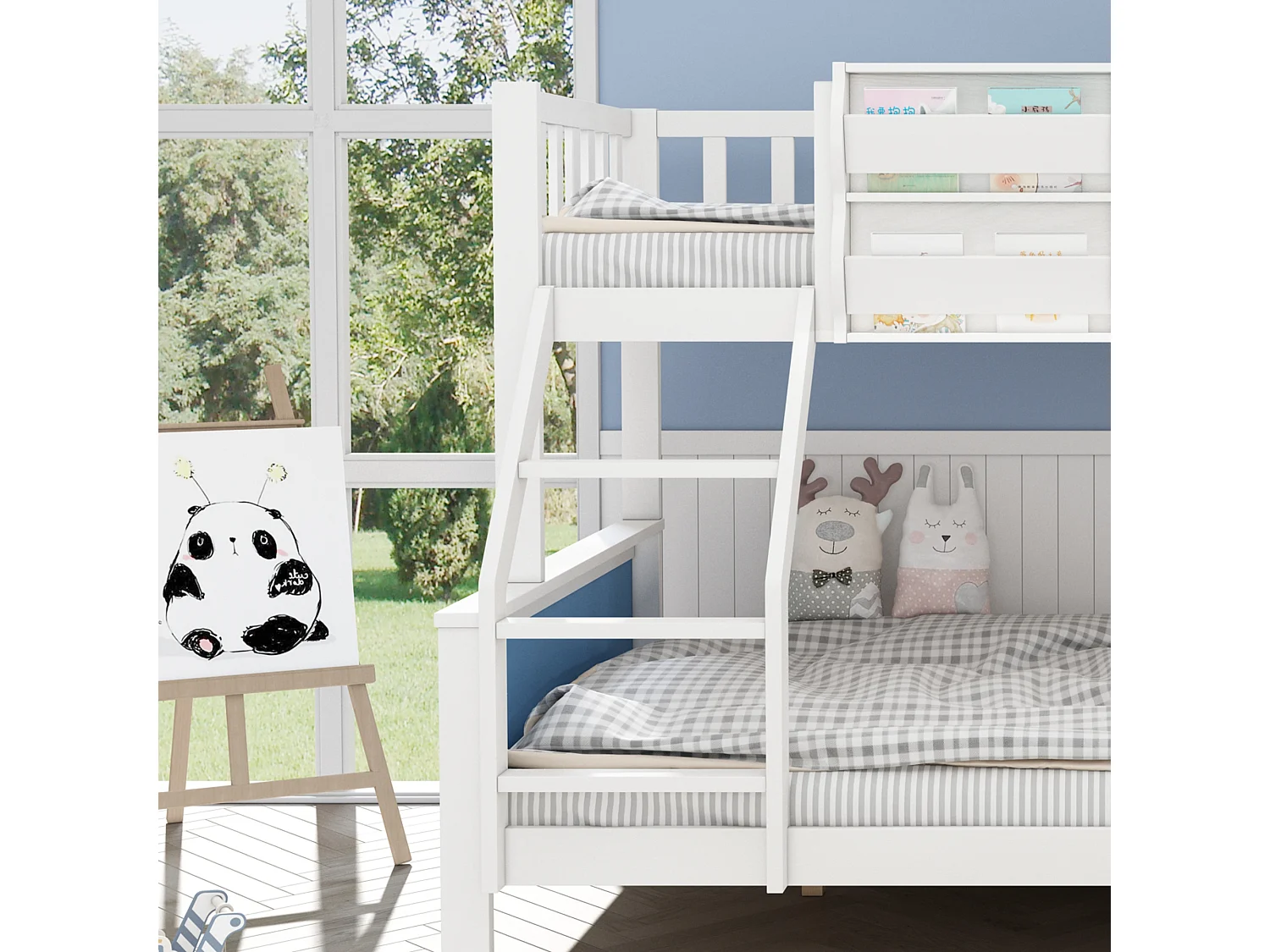 Letto a castello per bambini con spazio contenitore, dipinto graffiti, scala, 90/120 x 200 cm, bianco