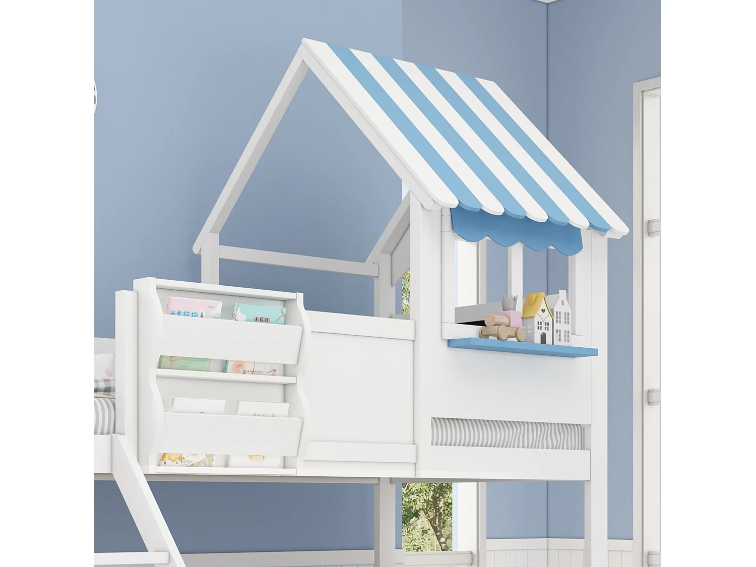 Letto a castello per bambini con spazio contenitore, dipinto graffiti, scala, 90/120 x 200 cm, bianco