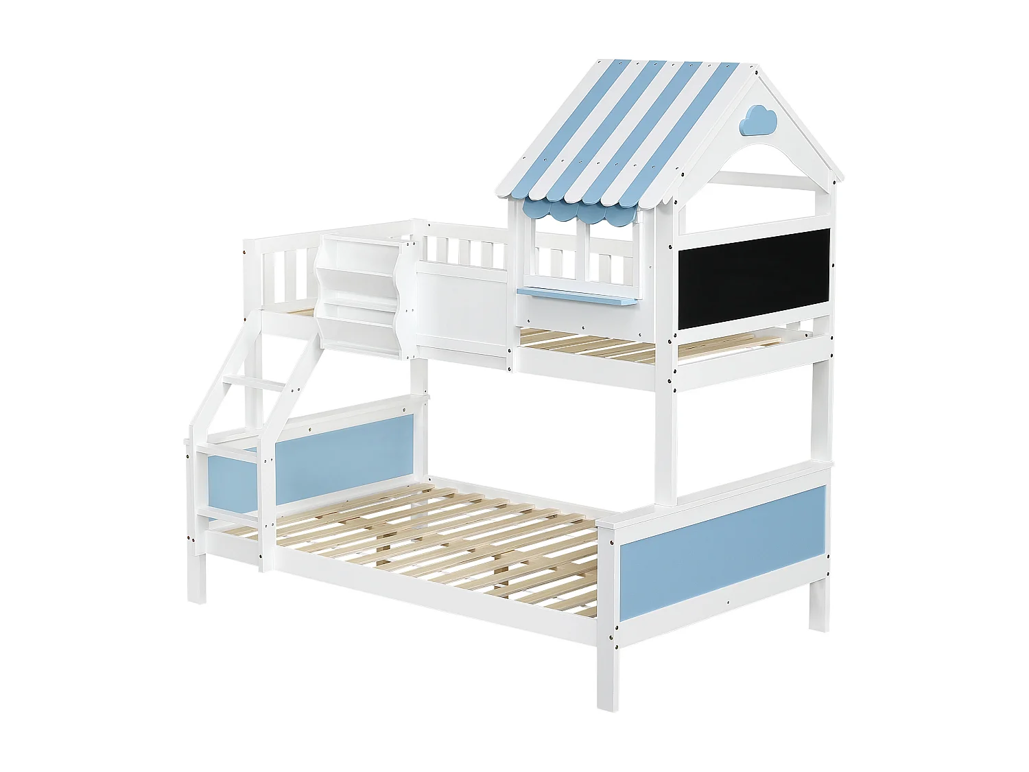 Letto a castello per bambini con spazio contenitore, dipinto graffiti, scala, 90/120 x 200 cm, bianco