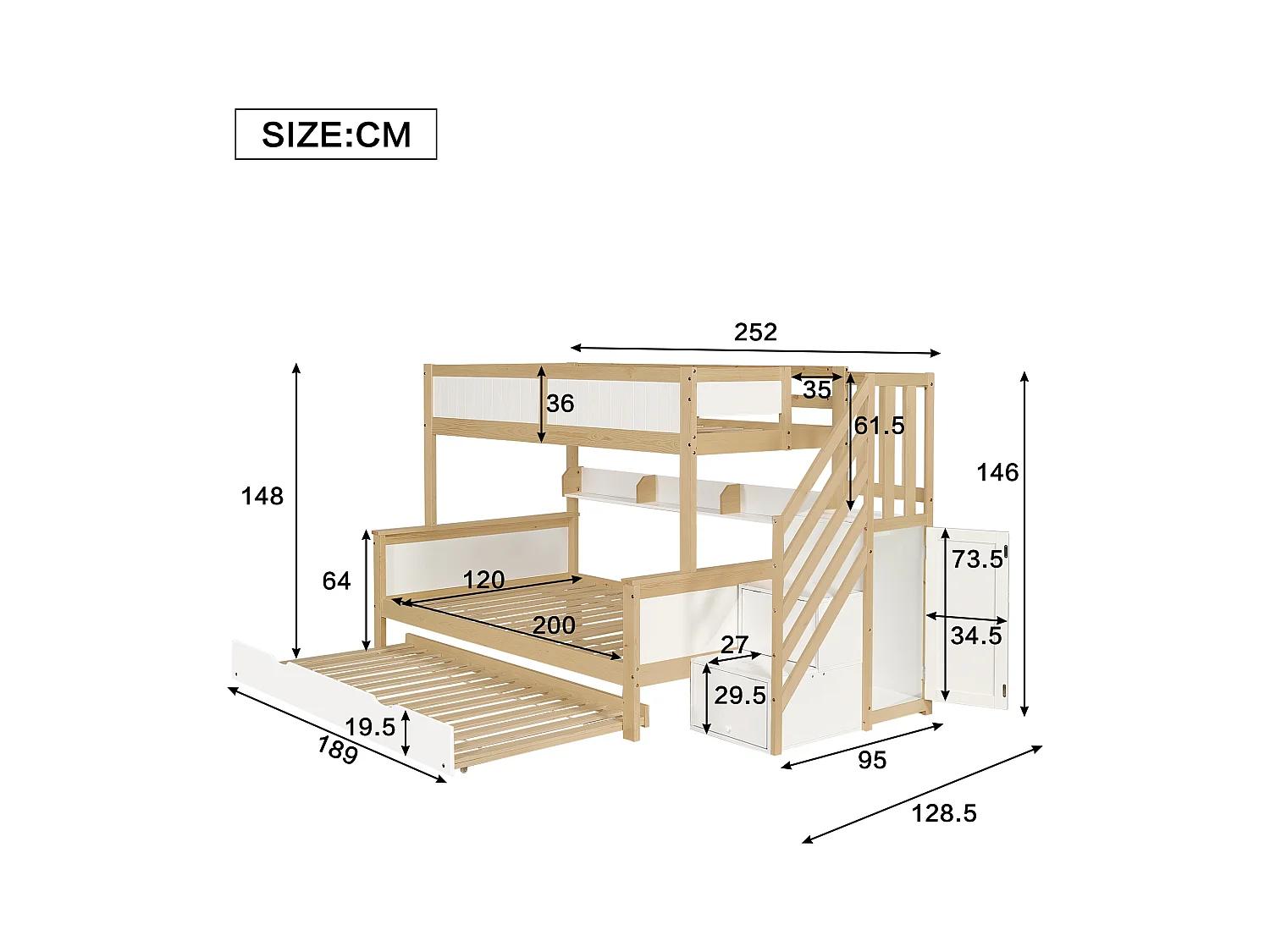 Cama infantil de 120x200 cm, litera con cama plegable y escalera de almacenaje, color blanco