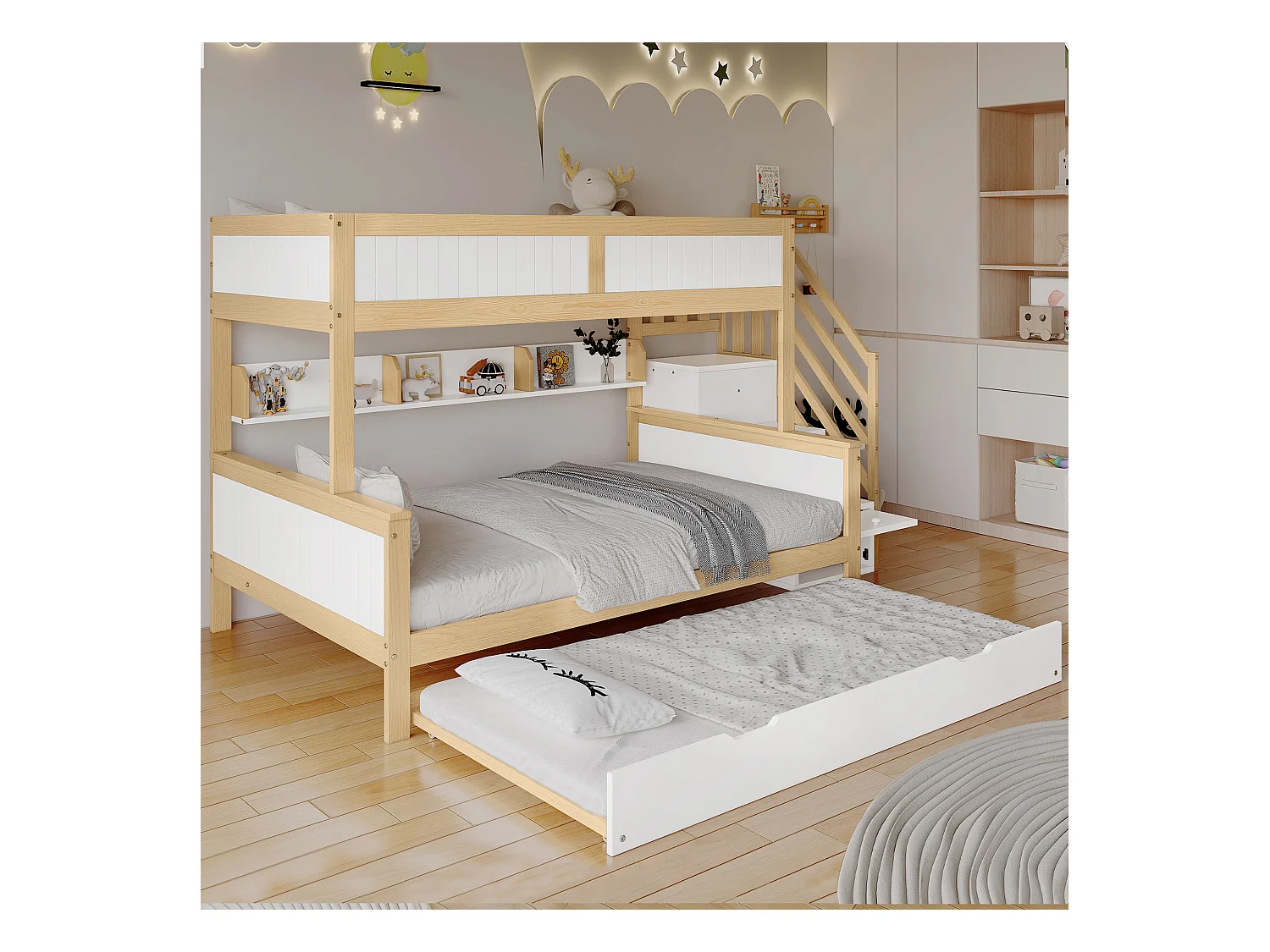 Cama infantil de 120x200 cm, litera con cama plegable y escalera de almacenaje, color blanco