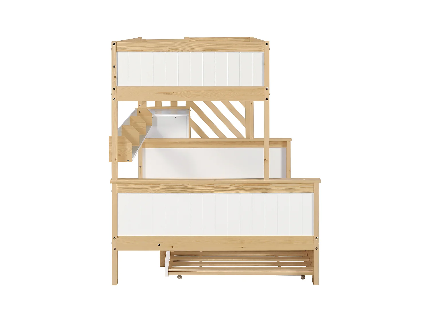 Cama infantil de 120x200 cm, litera con cama plegable y escalera de almacenaje, color blanco