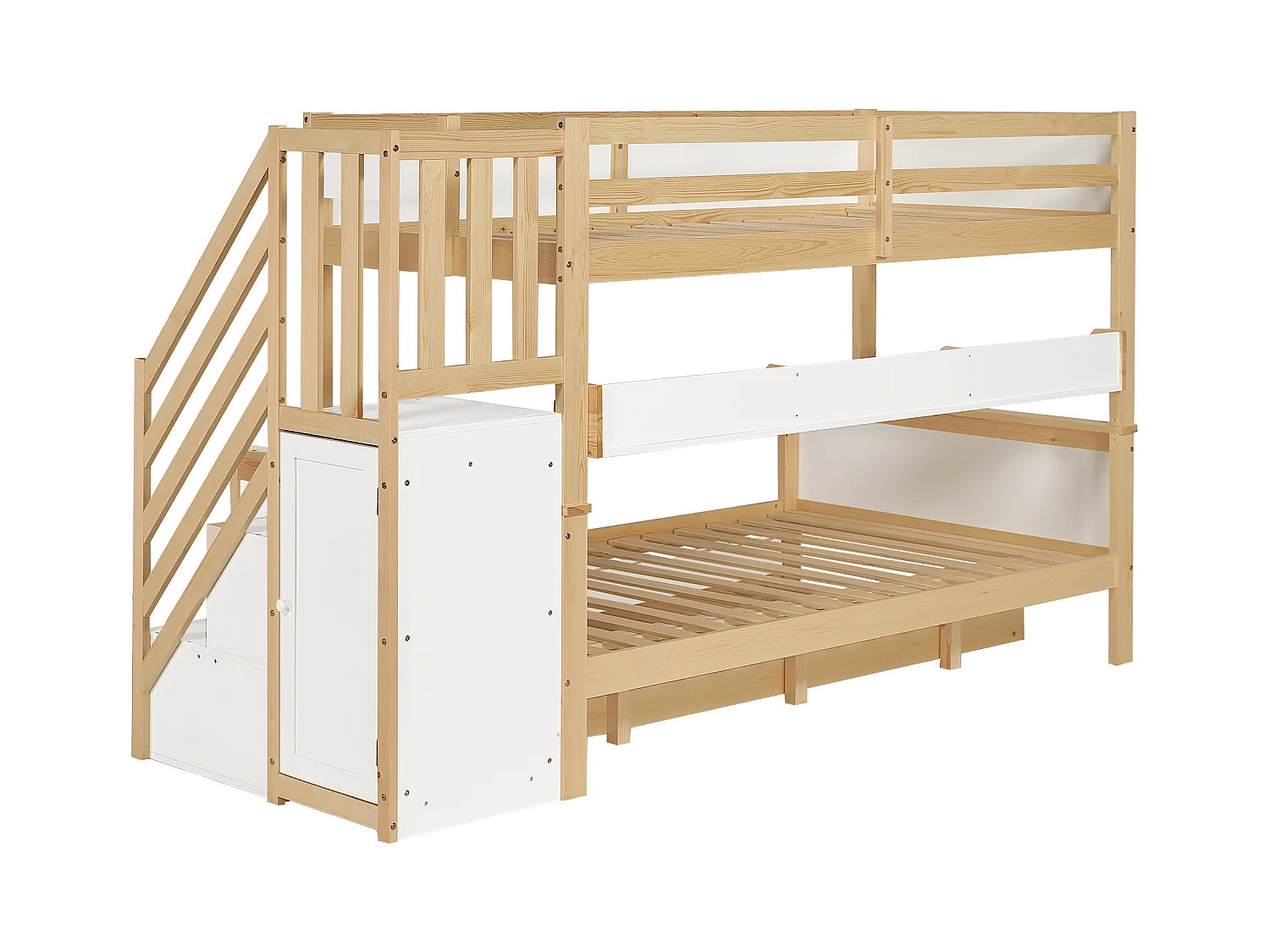 Cama infantil de 120x200 cm, litera con cama plegable y escalera de almacenaje, color blanco