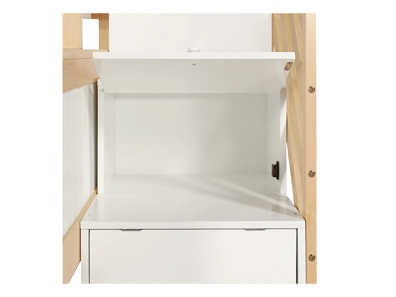 Cama infantil de 120x200 cm, litera con cama plegable y escalera de almacenaje, color blanco