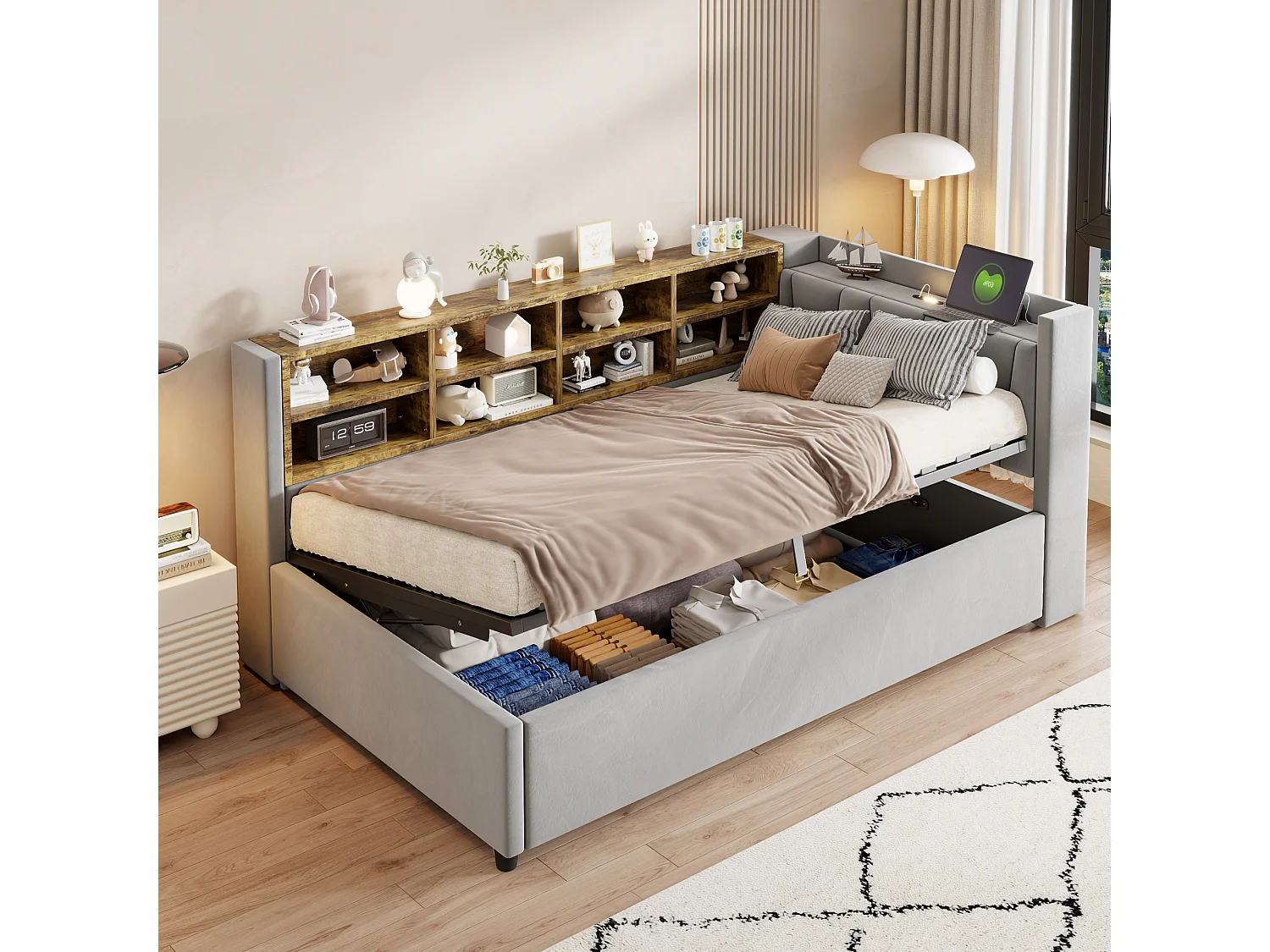 Lit banquette en velours gris clair 90x200cm avec coffre hydraulique, veilleuse, ports de charge USB et Type-C(sans matelas)