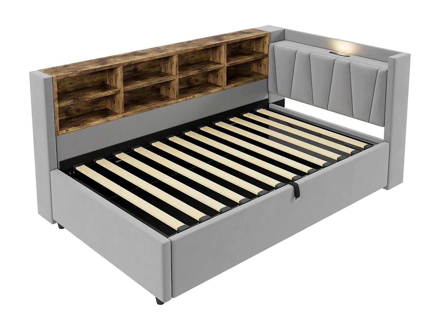 Lit banquette en velours gris clair 90x200cm avec coffre hydraulique, veilleuse, ports de charge USB et Type-C(sans matelas)