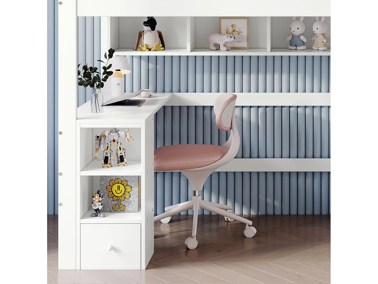 Litera infantil de 90 x 200 cm con mesa y armario, escalera y somier, color blanco