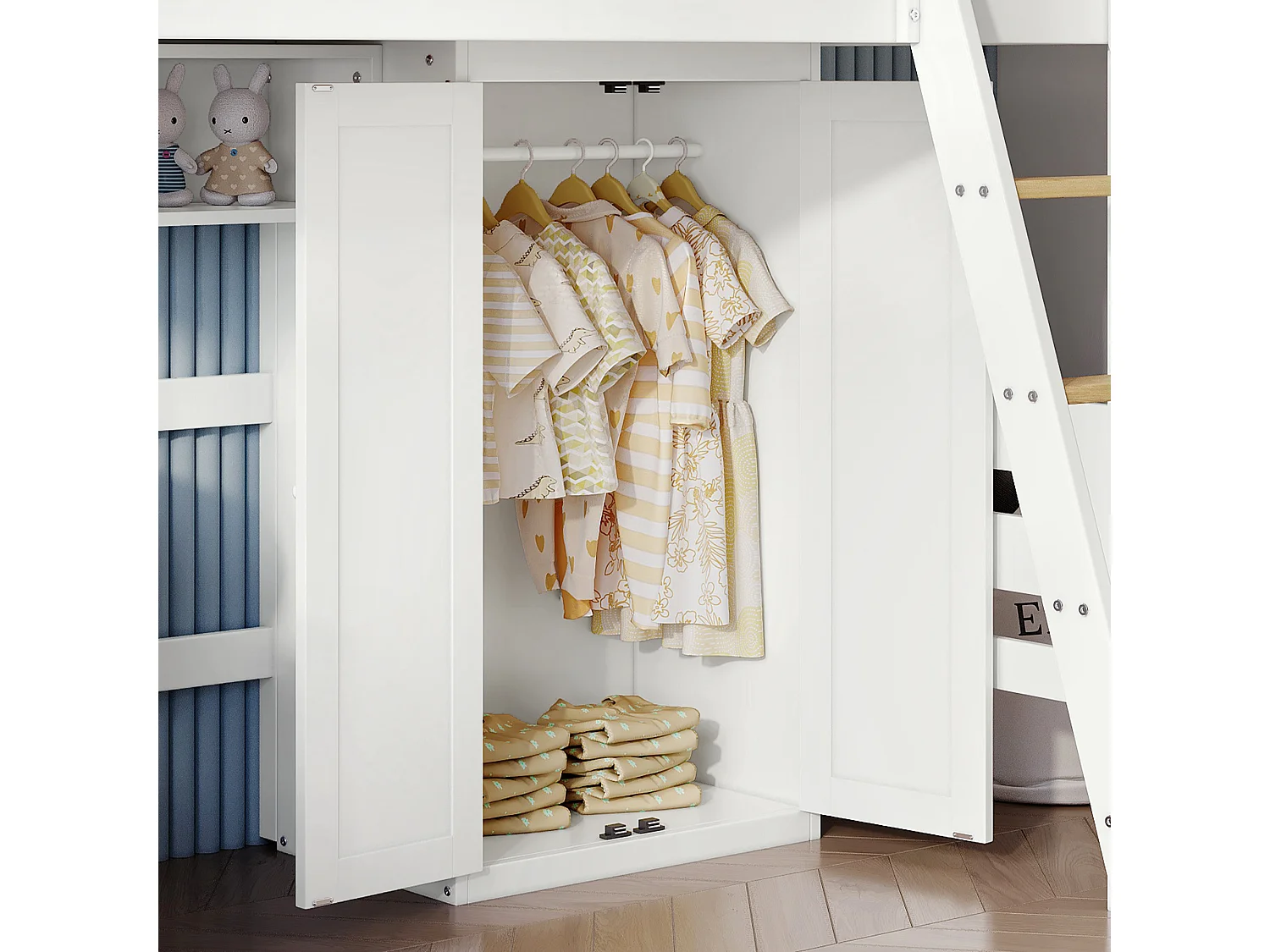 Litera infantil de 90 x 200 cm con mesa y armario, escalera y somier, color blanco