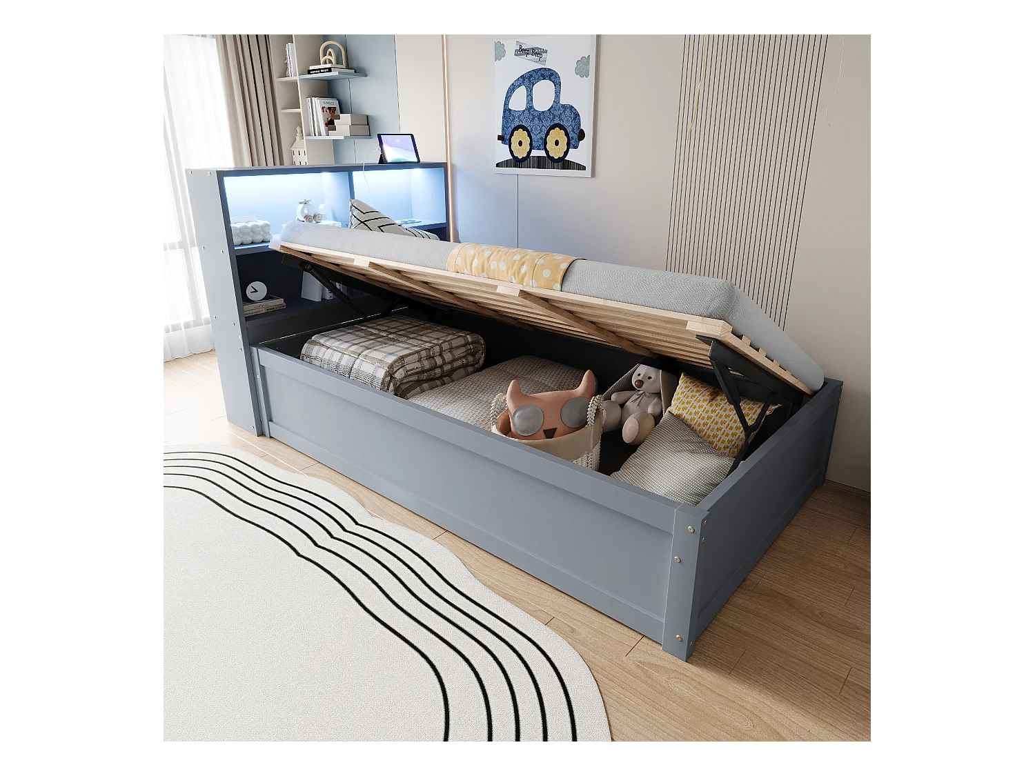 Lit banquette simple 90x200cm gris avec éclairage LED et prises multiples (sans matelas)