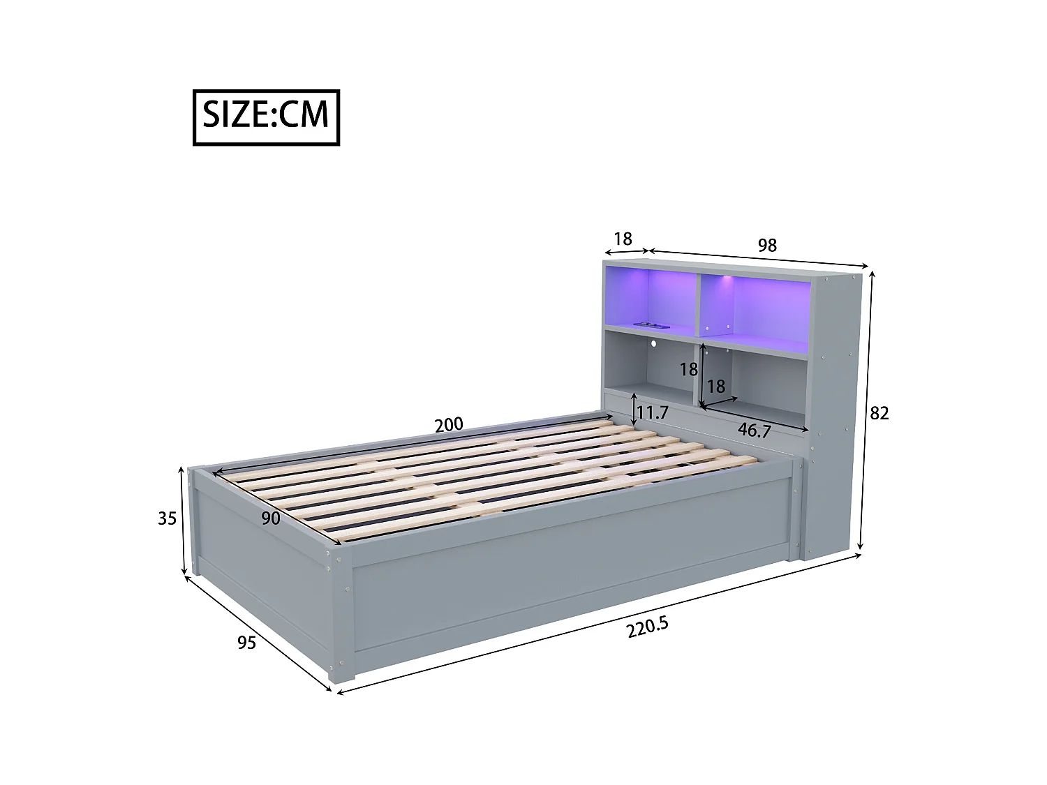 Lit banquette simple 90x200cm gris avec éclairage LED et prises multiples (sans matelas)