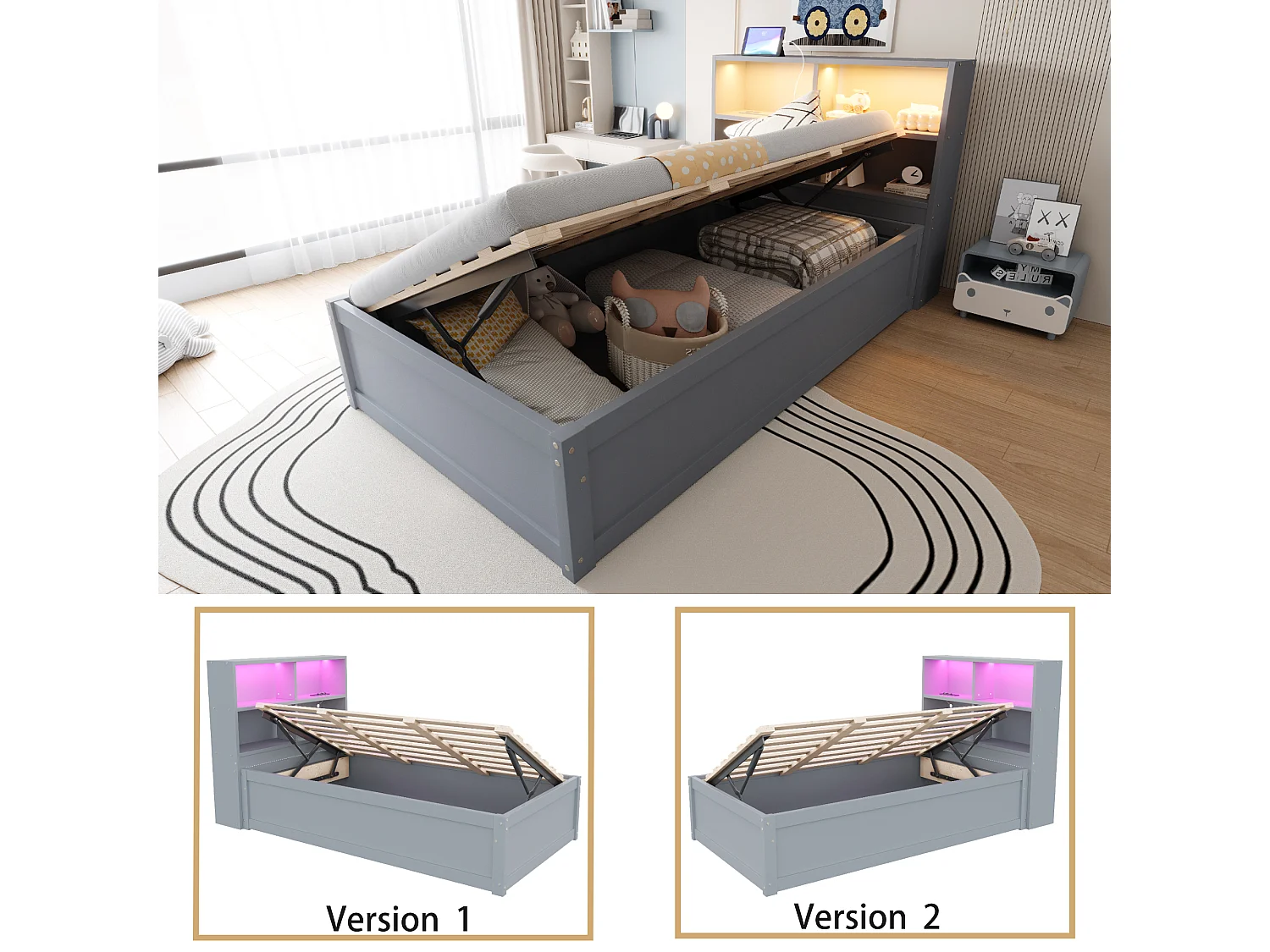 Lit banquette simple 90x200cm gris avec éclairage LED et prises multiples (sans matelas)