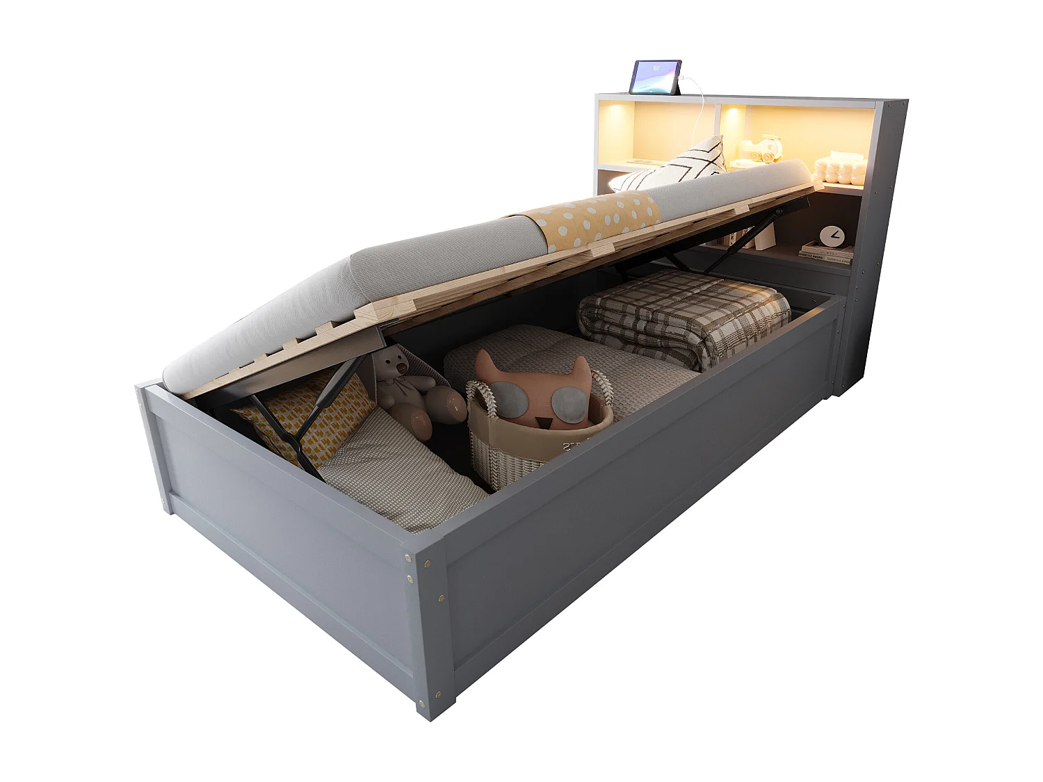 Lit banquette simple 90x200cm gris avec éclairage LED et prises multiples (sans matelas)