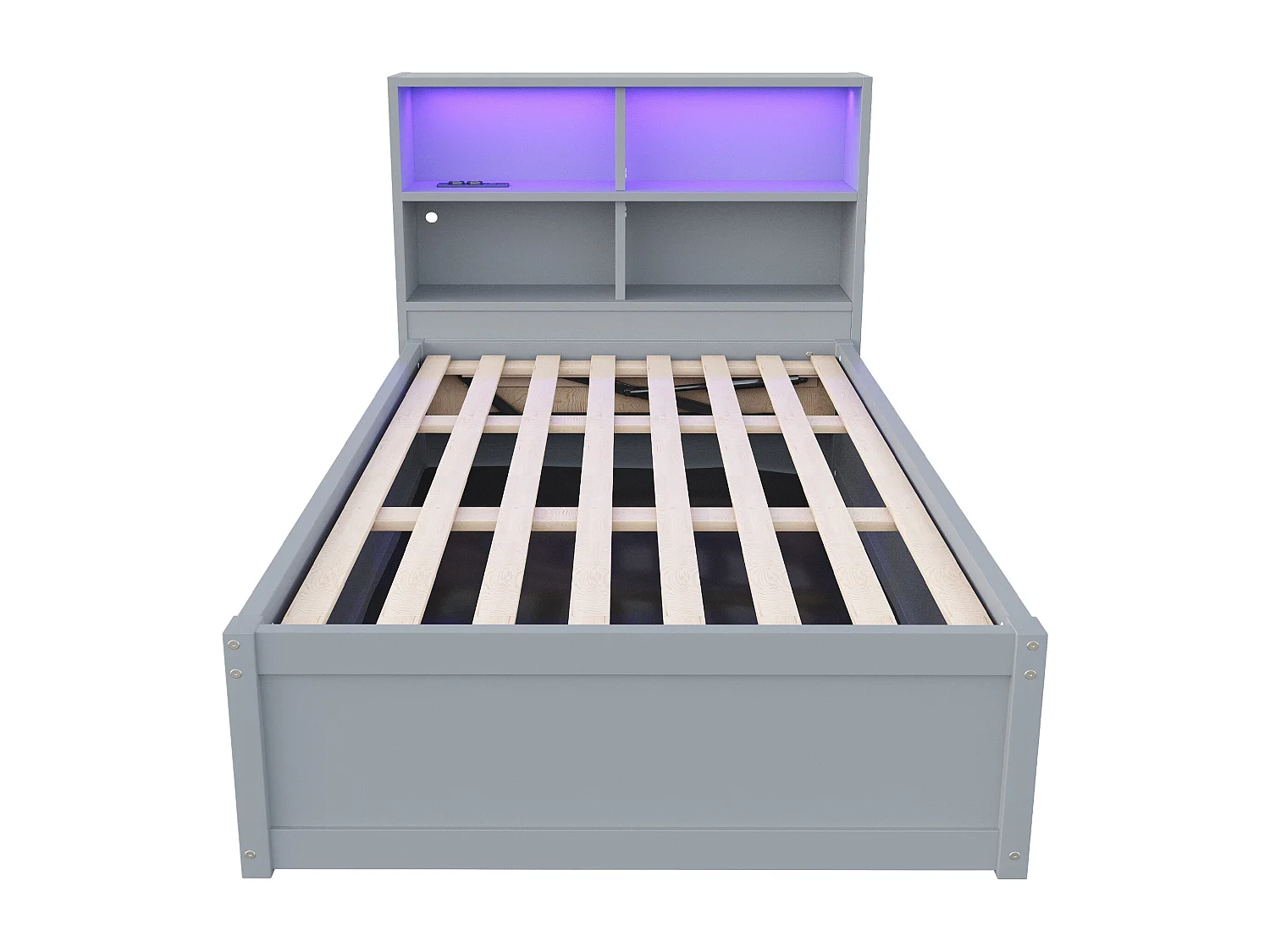 Lit banquette simple 90x200cm gris avec éclairage LED et prises multiples (sans matelas)