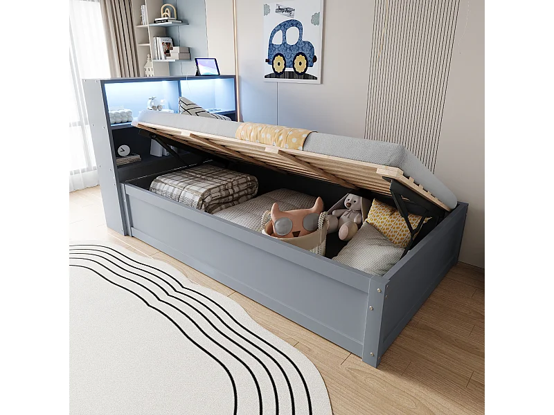 Lit banquette simple 90x200cm gris avec éclairage LED et prises multiples (sans matelas)