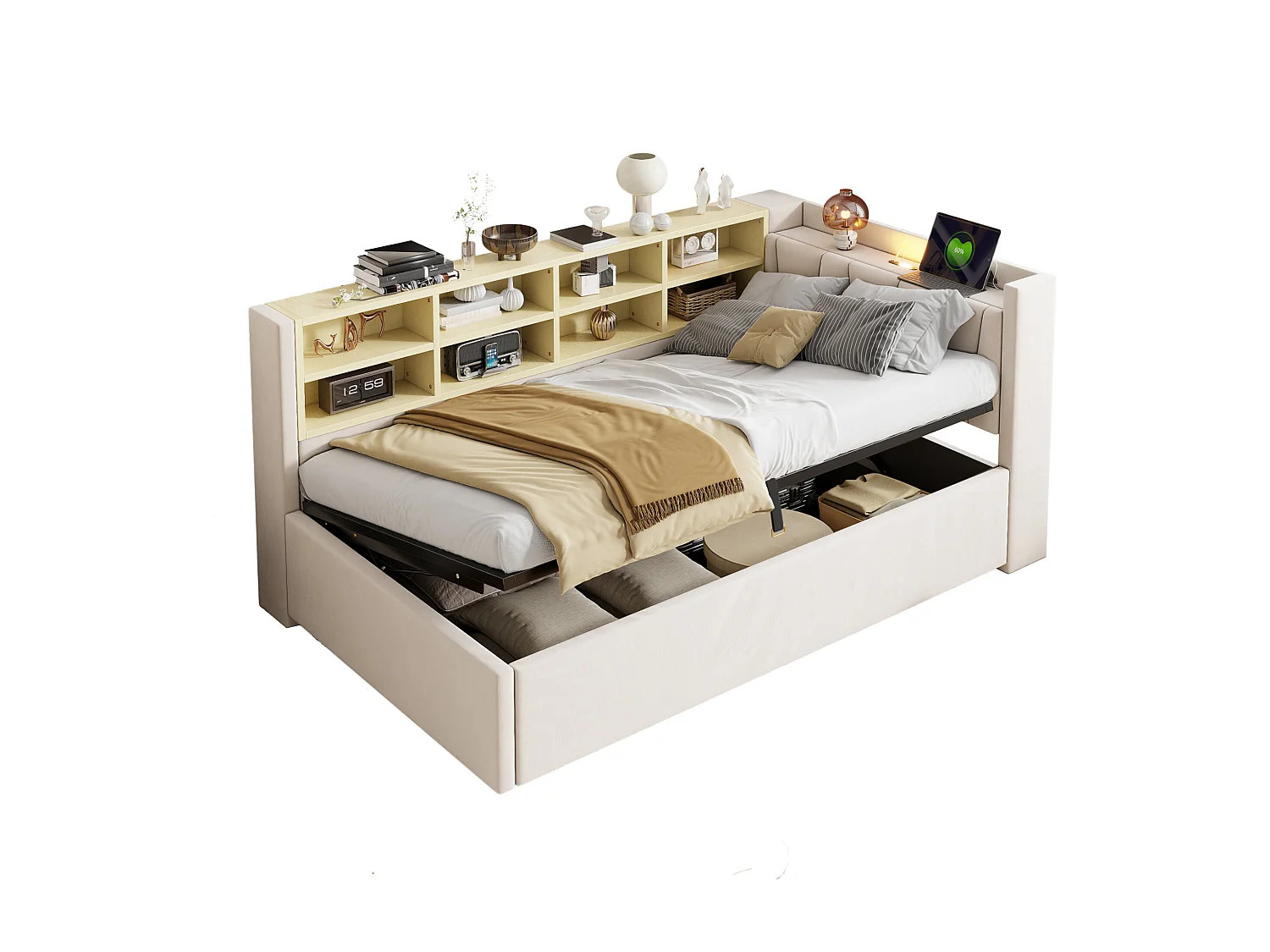 Lit banquette en velours beige 90x200cm avec rangement hydraulique, veilleuse, ports de charge USB et Type-C(sans matelas)