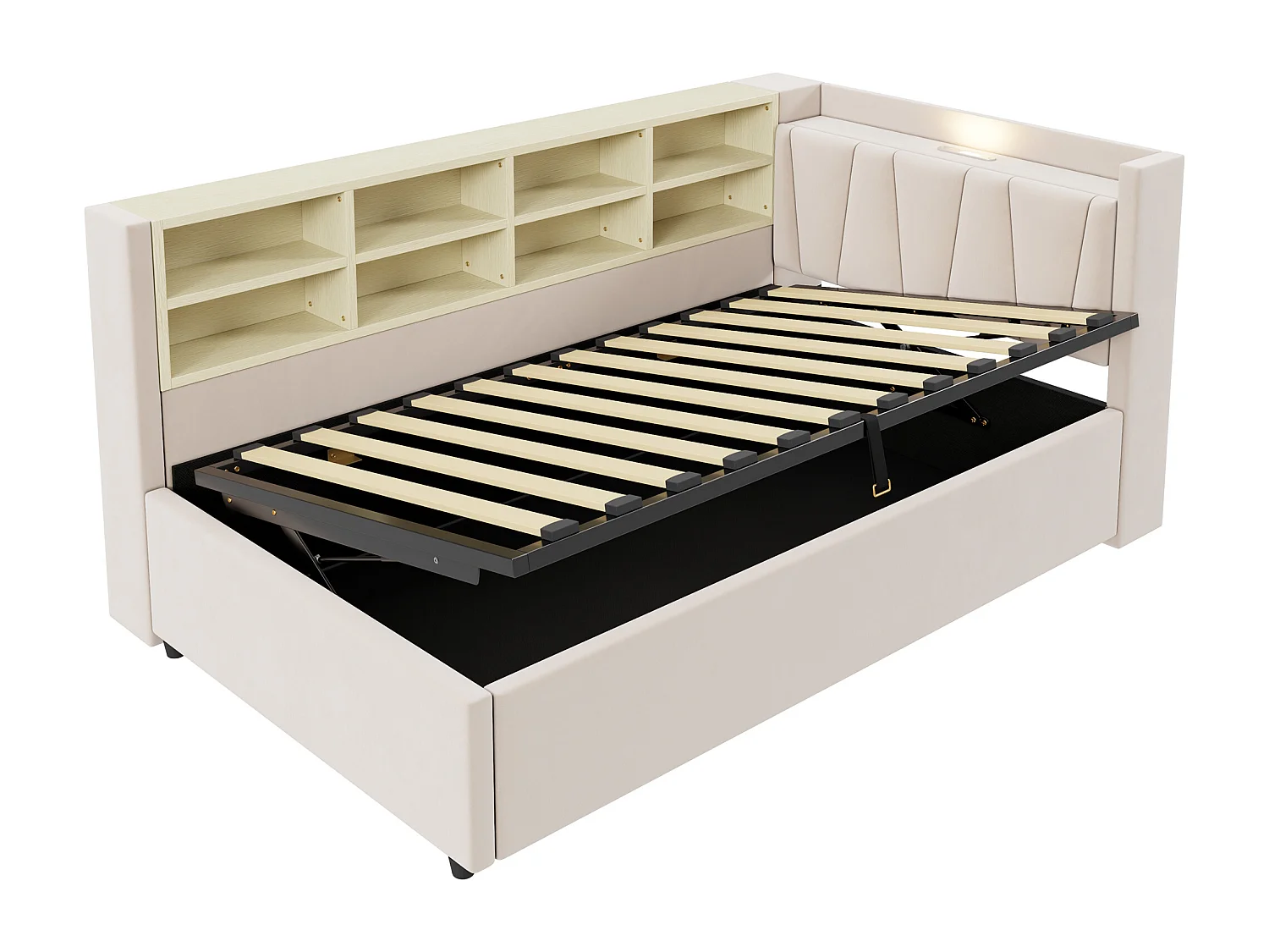 Lit banquette en velours beige 90x200cm avec rangement hydraulique, veilleuse, ports de charge USB et Type-C(sans matelas)