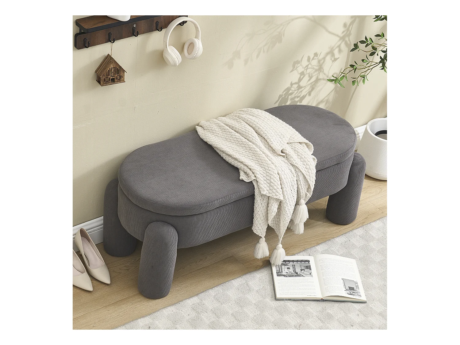 Banquette de rangement moderne, tissu Chenille et bois massif, antidérapante, grise (112x43x43 cm)