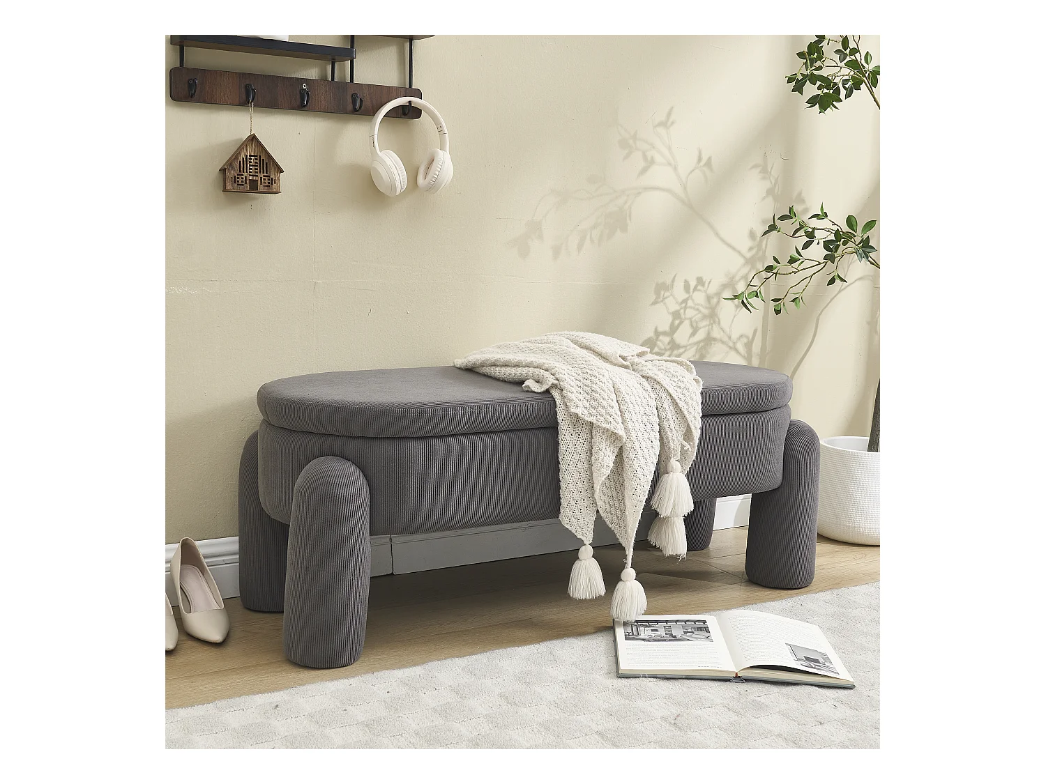 Banquette de rangement moderne, tissu Chenille et bois massif, antidérapante, grise (112x43x43 cm)