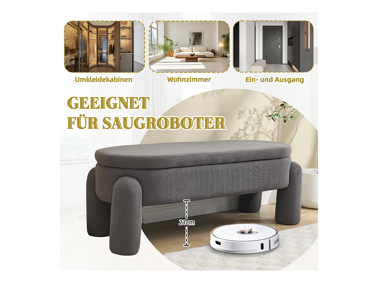 Banquette de rangement moderne, tissu Chenille et bois massif, antidérapante, grise (112x43x43 cm)