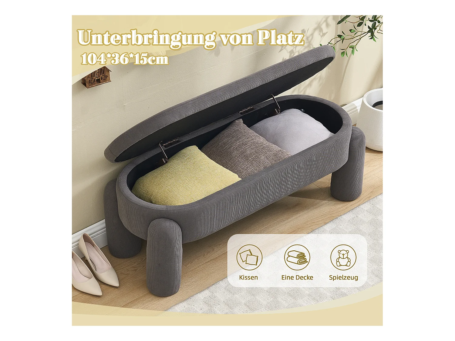 Banquette de rangement moderne, tissu Chenille et bois massif, antidérapante, grise (112x43x43 cm)