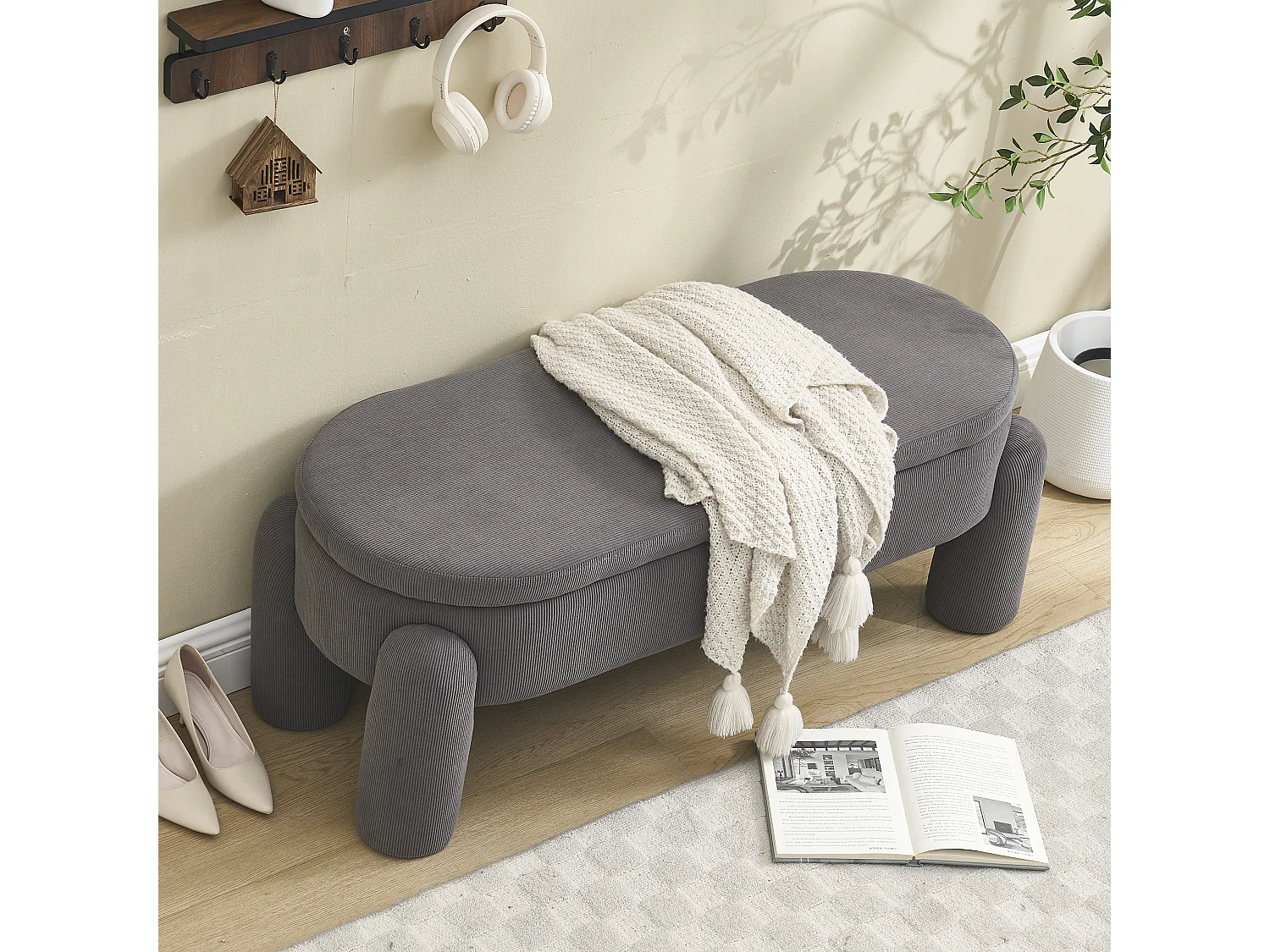 Banquette de rangement moderne, tissu Chenille et bois massif, antidérapante, grise (112x43x43 cm)