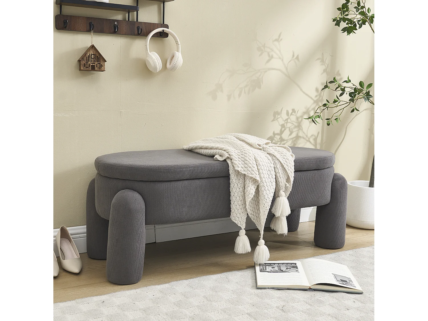 Banquette de rangement moderne, tissu Chenille et bois massif, antidérapante, grise (112x43x43 cm)