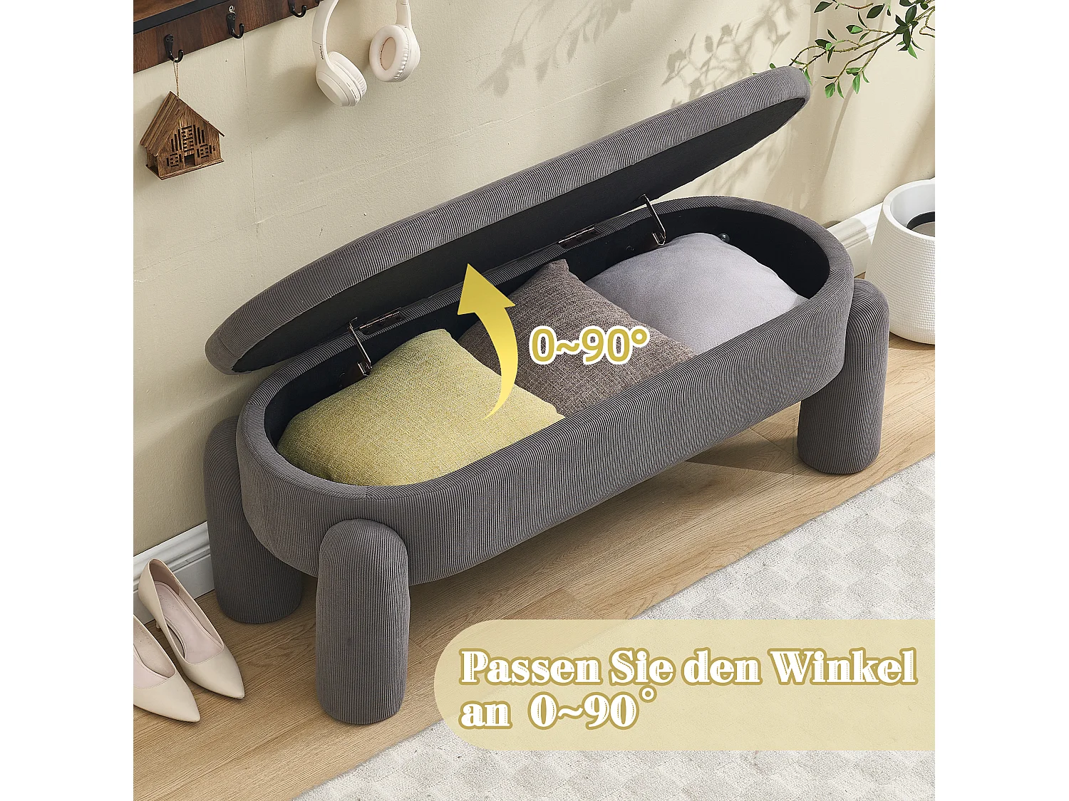 Banquette de rangement moderne, tissu Chenille et bois massif, antidérapante, grise (112x43x43 cm)