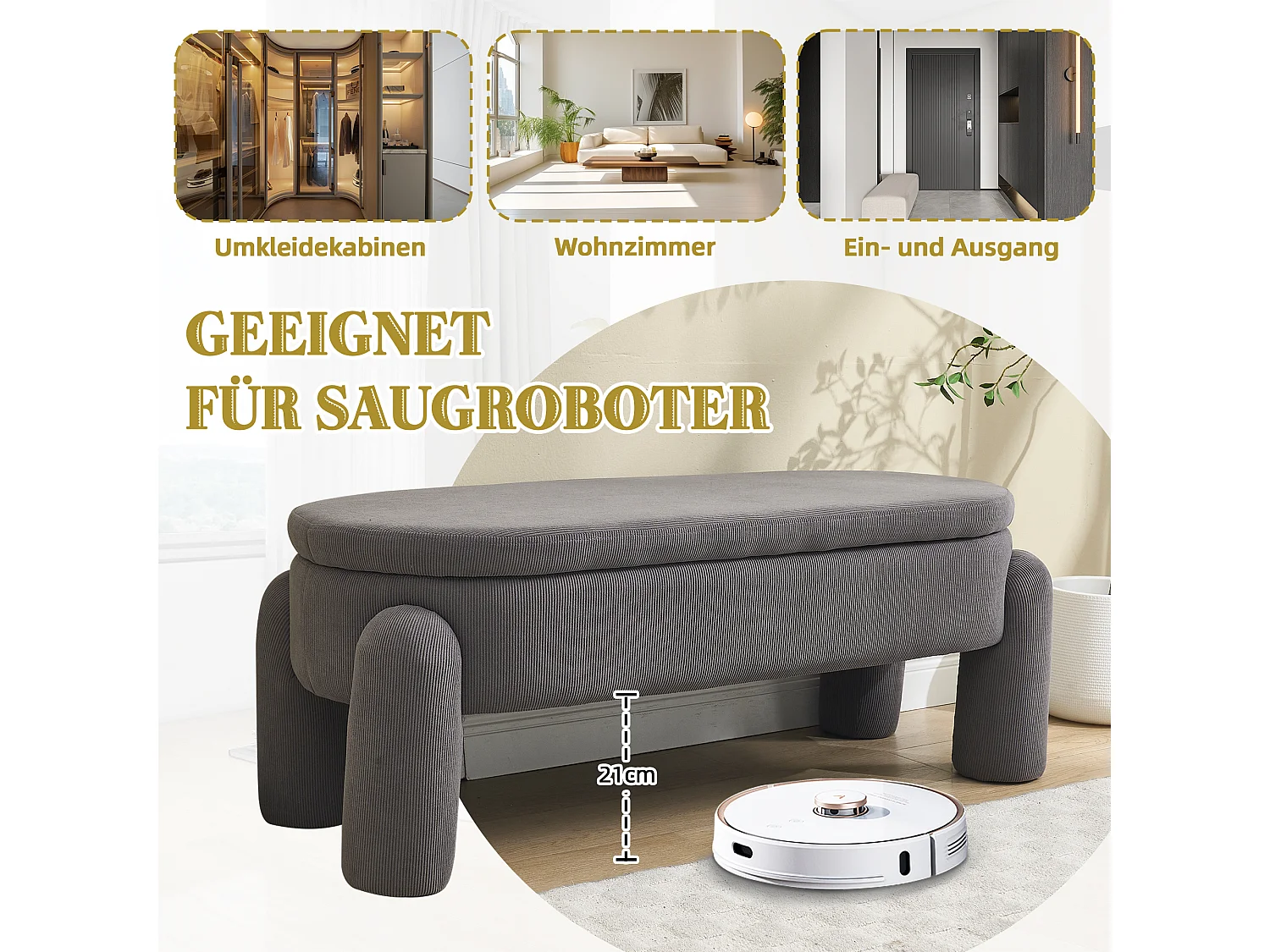 Banquette de rangement moderne, tissu Chenille et bois massif, antidérapante, grise (112x43x43 cm)