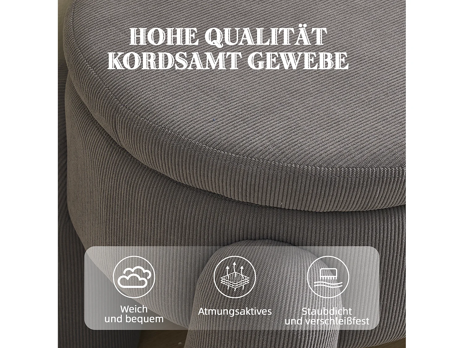 Banquette de rangement moderne, tissu Chenille et bois massif, antidérapante, grise (112x43x43 cm)